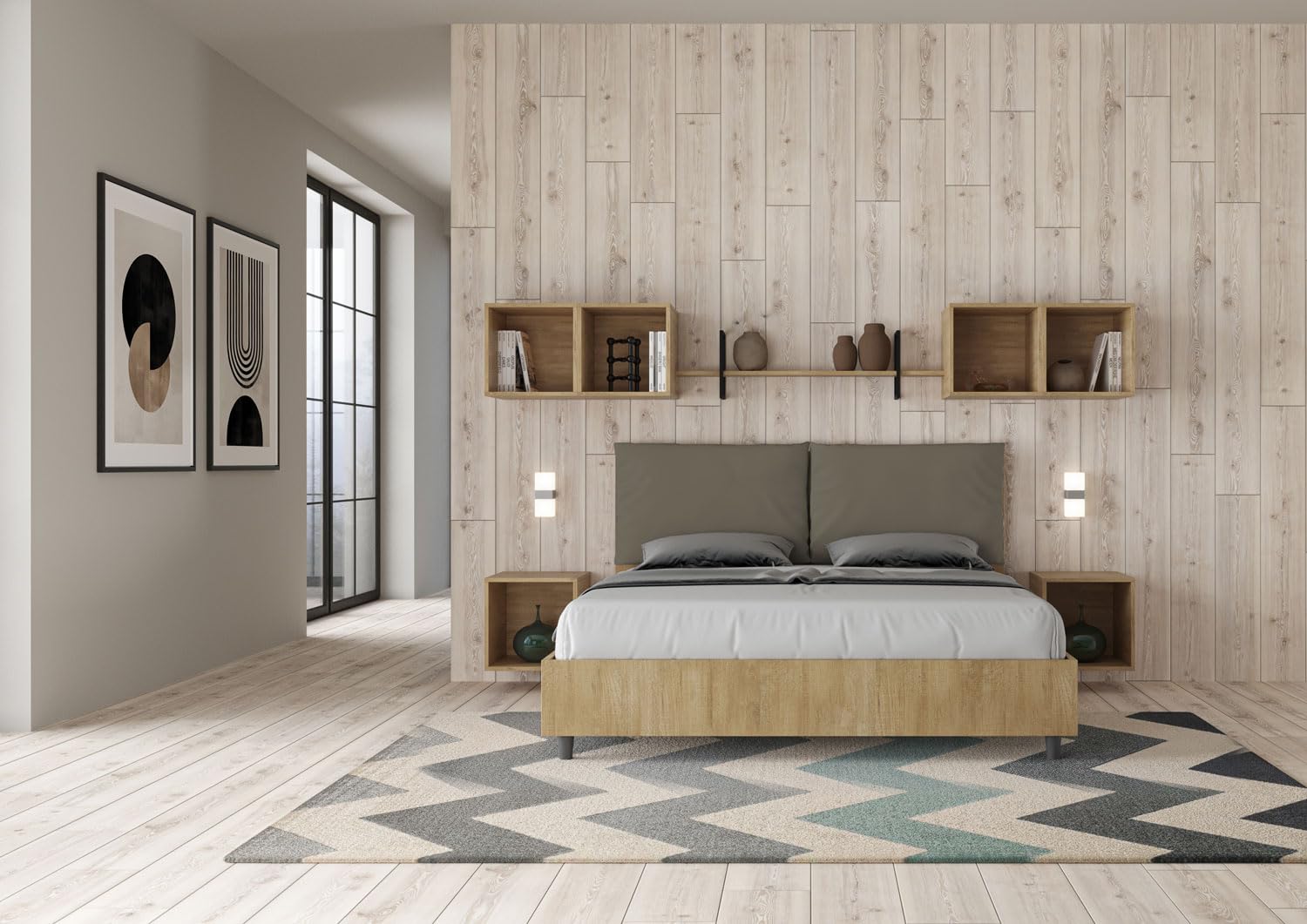 Bonussi Letto Matrimoniale 160x200 cm con Rete e Contenitore Struttura Quercia con Cuscini in Similpelle Egos Antea Cappuccino