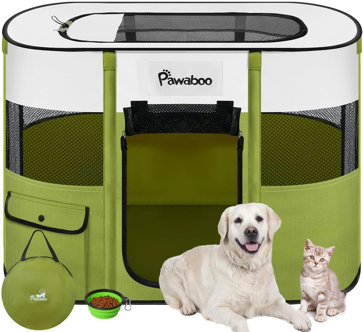 Pawaboo Portable Pet Playpen, Waterproof Oxford Folding Dog Cage with Carry Bag and Folding Bowl, Fence for Pets Cats and Rabbits, Size L, Green Avocado