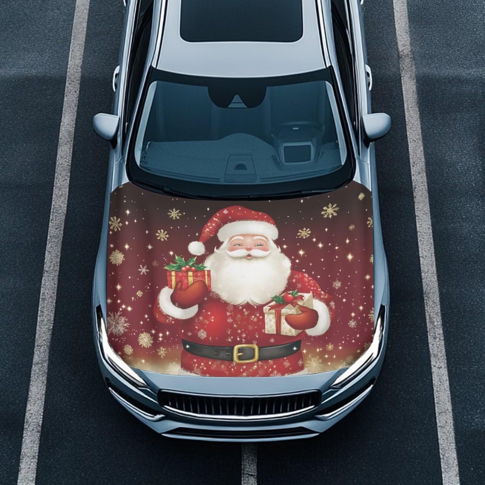 Renewold Christmas Santa Claus Snowflake Car Hood Cover for Automobile Xmas Winter Vehicle Hood Cover Party Festival Celebration Decor Outdoor Wrap Blanket Exterior Car Accessories Gift for Women Men