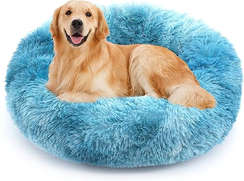 Miniatura 45 de NOYAL Cama calmante en forma de dona para perros y gatos pequeños a medianos. Cama para mascotas de pelo sintético de felpa antiansiedad con funda