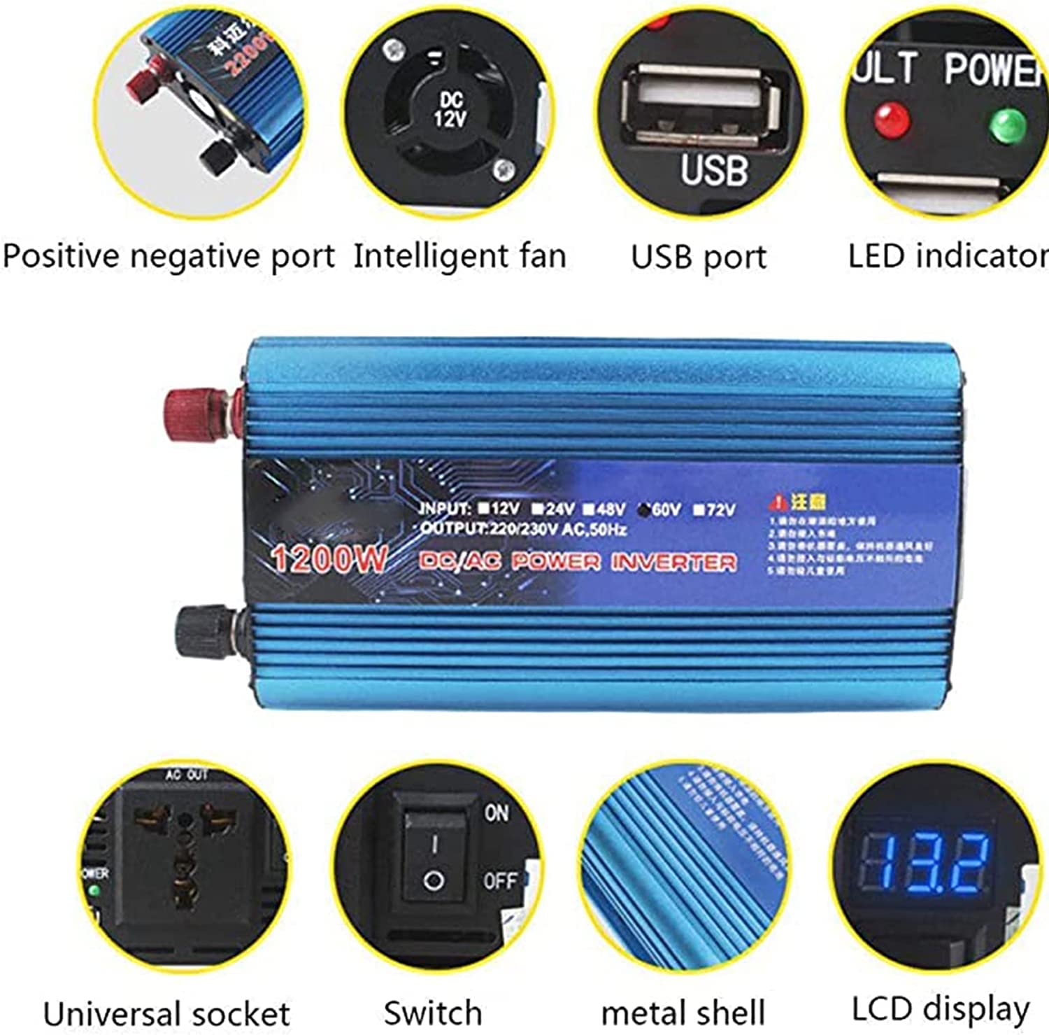 Przetwornica czysta fala 1200 W 1600 W 2200 W falownik mocy DC 12V 24V 36V 48V 60V 72V AC 220V 230V 240V falownik konwerter konwerter konwertera czystego sinusoidalnego do podróży, samochodu