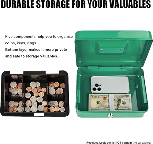 Miniatura 9 de Caja de dinero grande con cerradura con bandeja extraíble para monedas, caja de dinero de metal segura portátil con cerradura de llave, organizador
