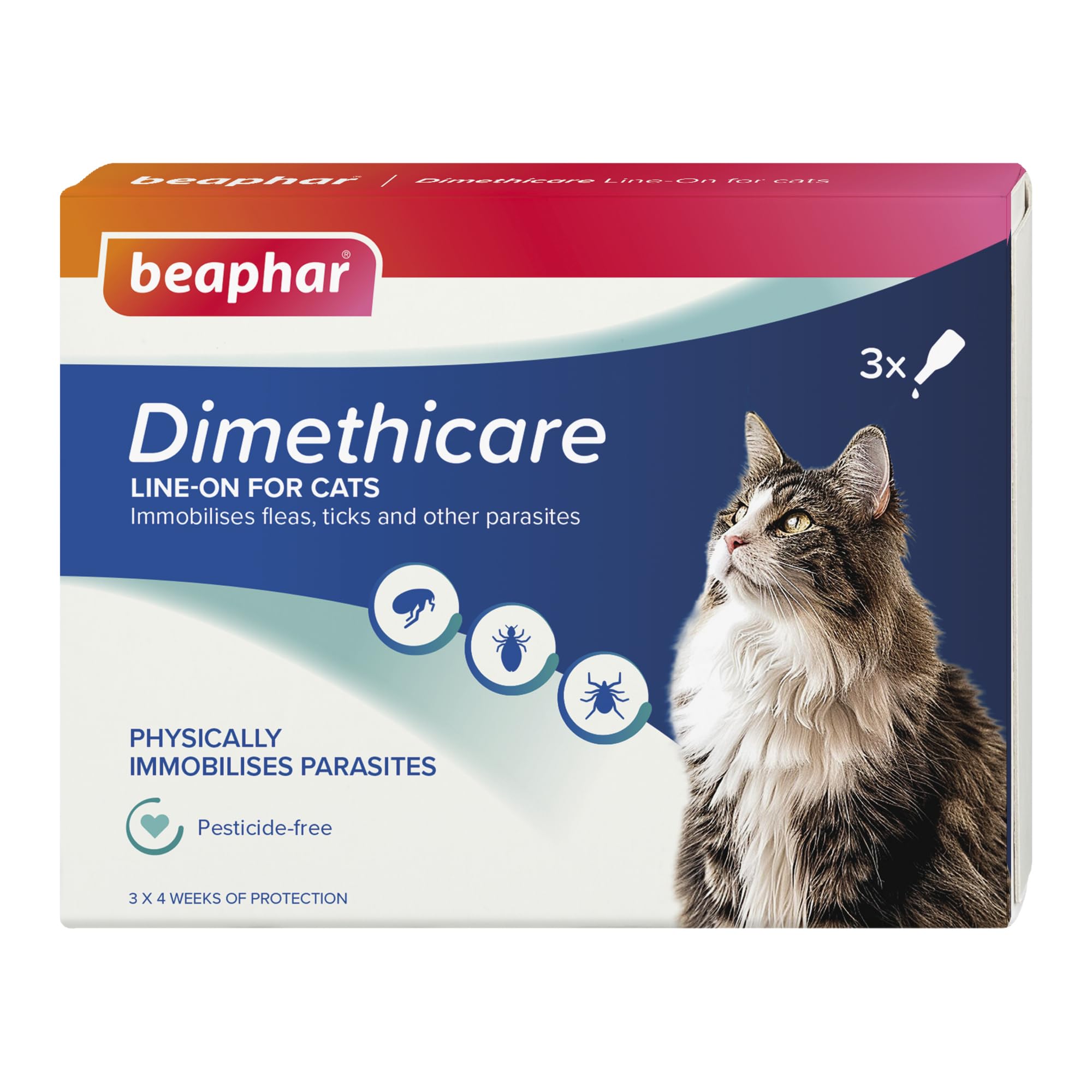 Beaphar - Dimethicare Line-On Flea & Tick Control for Cats – 3 pipettes - Physically Immobilises Fleas, Ticks & Other Parasites - Pesticide-Free - For Cats from 12 weeks old