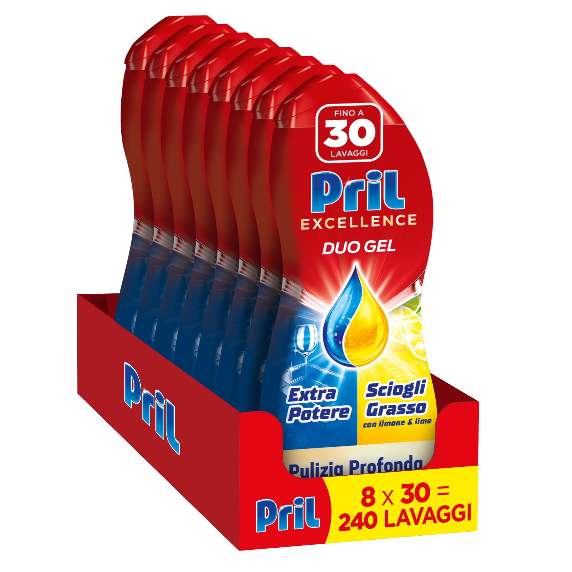 Pril Duo Gel Geschirrspülmittel Gel, Fettlösung, mit Zitrone, 8 Packungen mit je 30 Waschgänge, insgesamt 240 Waschgänge