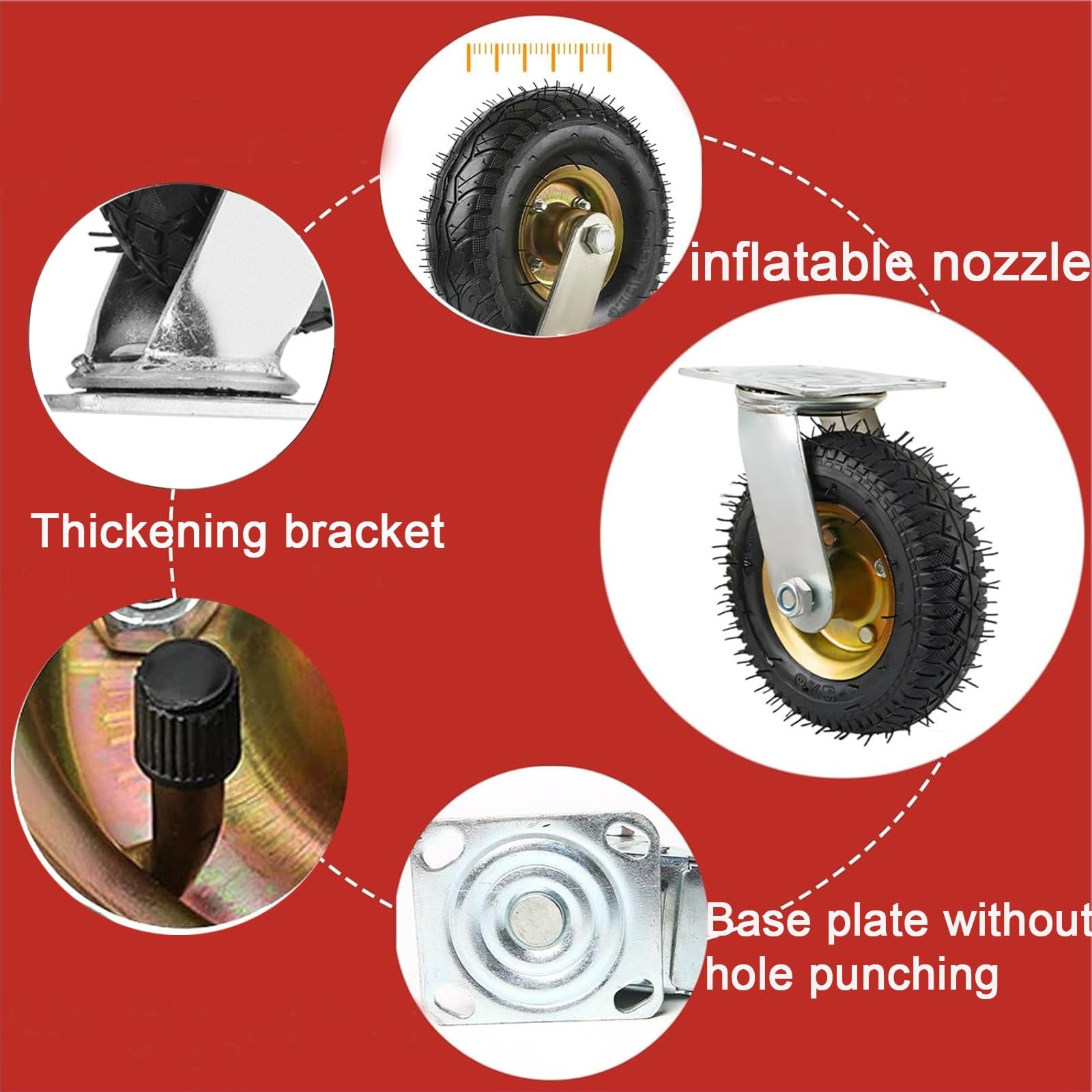 WORDFUN Ruota Gonfiabile di Gomma, Ruote per Ruote Resistenti, Ruote per Carrelli Silenziose, Set di 4 (2 con Piastra Fissa + 2 con Piastra Girevole), Ruota di Trasporto Industriale per Carrelli
