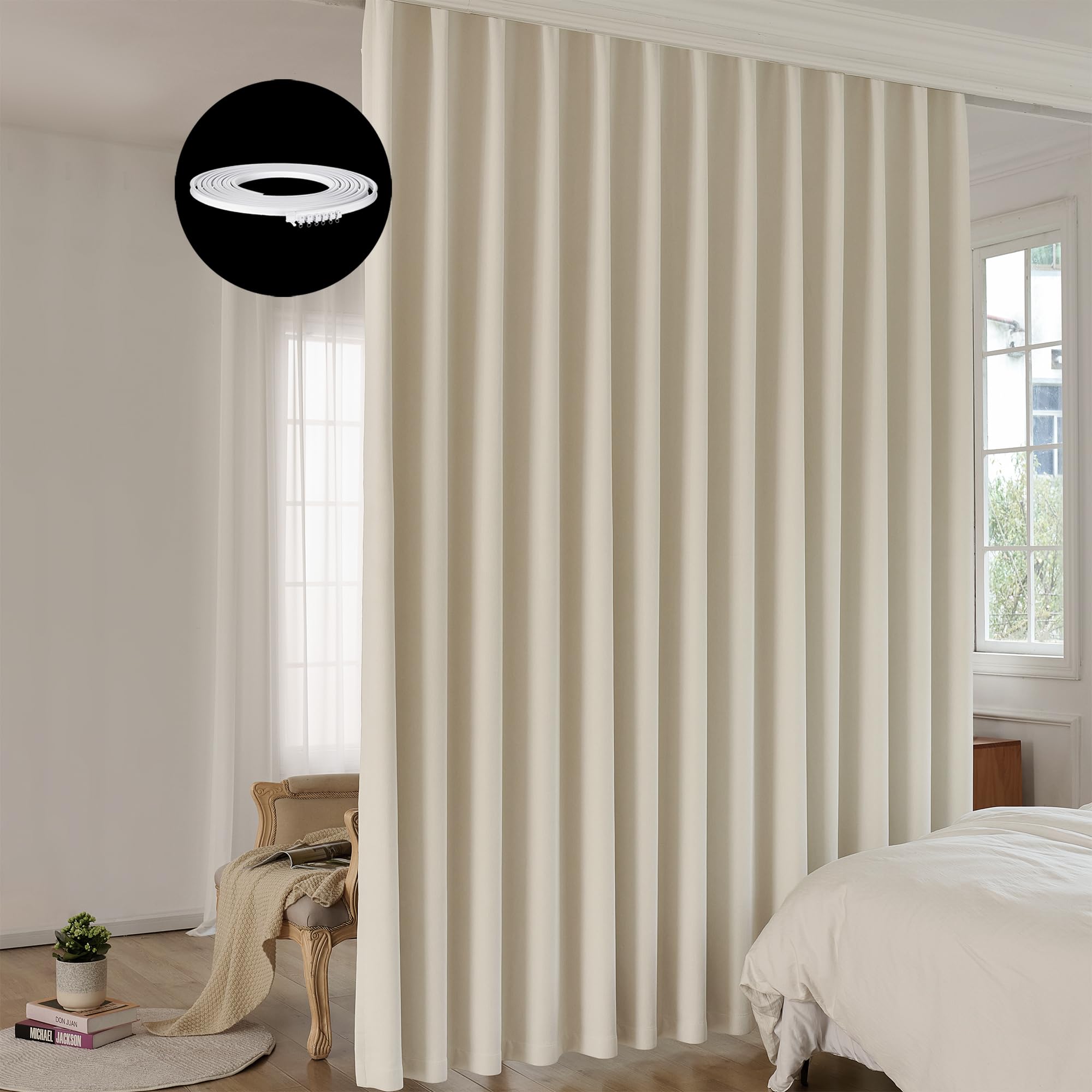 Room Divider Curtains with Bendable Ceiling Track - 95% Blackout Total Privacy, 8.3ft Wide x 7ft Tall Cream Beige 1 Pane