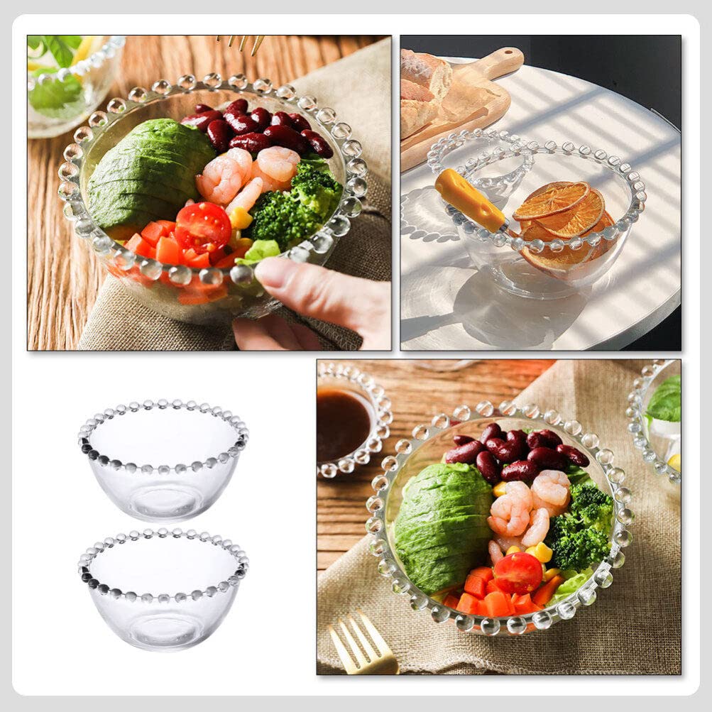 BESTonZON 2pcs Glass Dessert Bowl with Bead Rim Transparent Salad Bowl Fruit Serving Bowl Clear Parfait Cup Food Container for Yogurt Pudding Cereal Sauce Breakfast