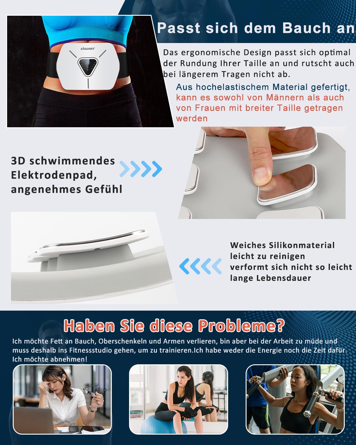 EMS Muskelstimulator, EMS Trainingsgerät, integrierter EMS Bauchtrainer, 8 Modi und 30 Stufen, elektrischer EMS Bauchmuskeltrainer für Männer und Frauen