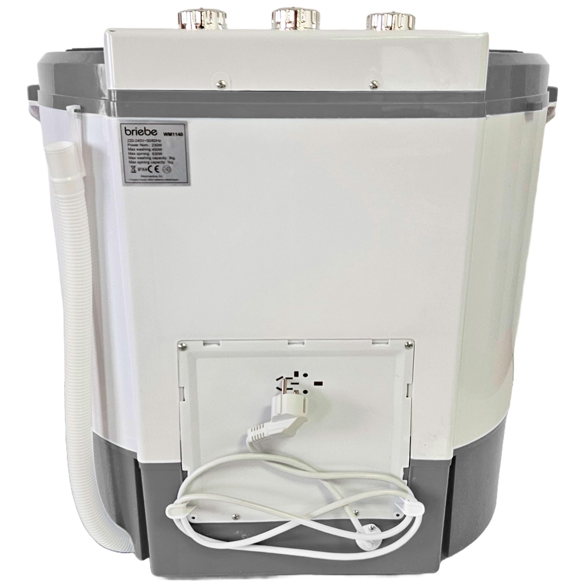 briebe Camp Mini-Waschmaschine, Tragbar, mit Schleuder, Camping, Kapazität 3 kg, Ideal für Reisen, Wohnwagen, Wohnmobile, Kleine mit 2 Fächern, Geringer Wasser- und Energieverbrauch, Grau/Weiß