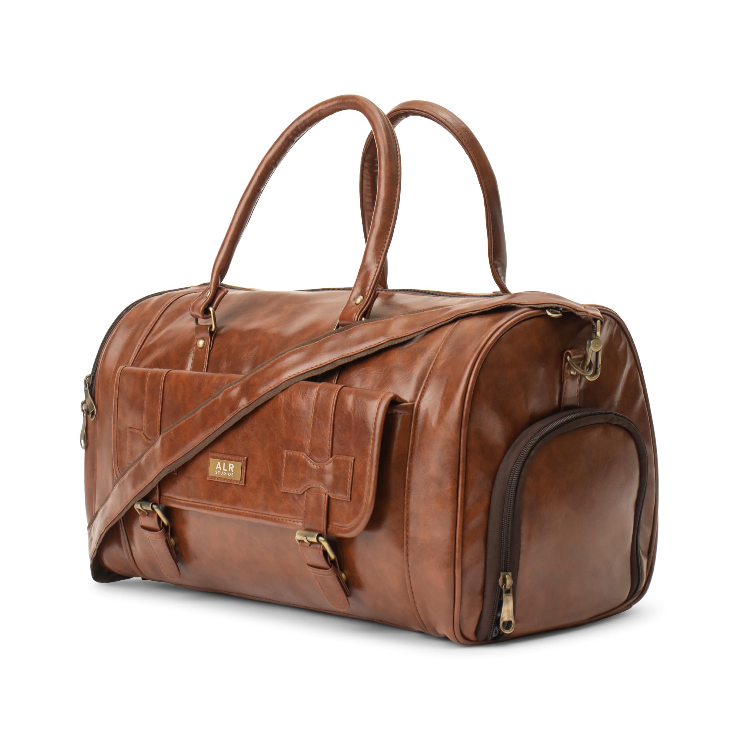 Premium Duffle Bag for Men & Women 5 Spacious compartments Duffel Travel Bag for Travelling, Gym, Waterproof, Carry-on Faux Leather Luggage with Shoe Pocket (Large, Brown)-image-10