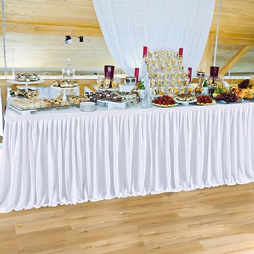 Miniatura 3 de Partisky Falda de mesa de poliéster blanco para mesas rectangulares 12f, mantel plisado resistente a las arrugas para fiesta de cumpleaños,