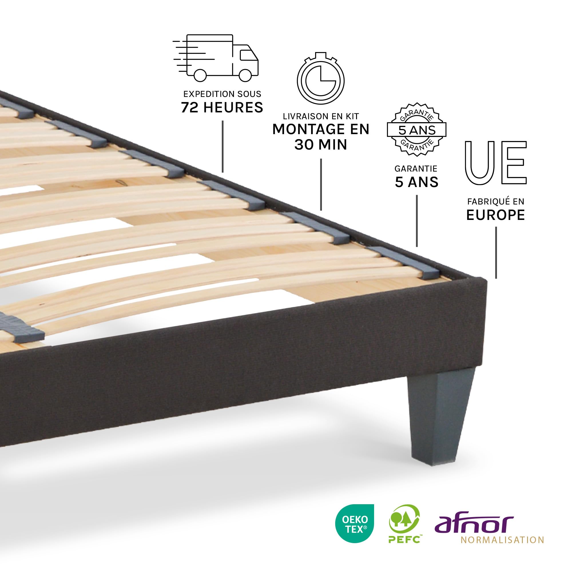 Olympe Literie | Sommier à Lattes en Bois 200x200 cm avec Pieds – Cadre de Lit Robuste et Stable – Hauteur 30 cm – Facile à Monter – Gris Anthracite