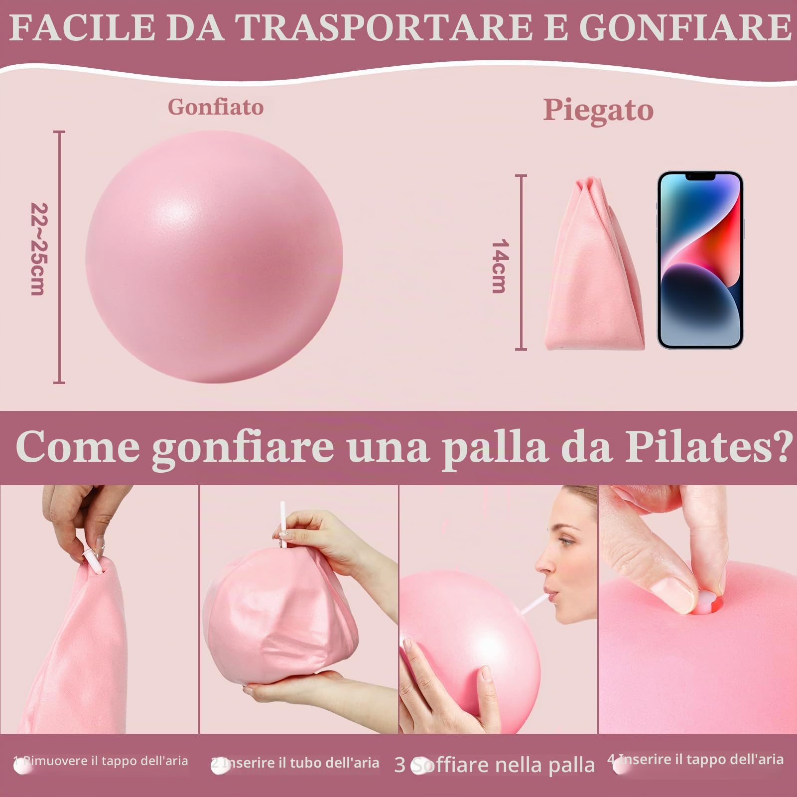 Vortix 3/6 palline da pilates, 25 cm, anti-esplosione e antiscivolo, piccola palla da ginnastica con tubo gonfiabile, palla da pilates per muscoli del pavimento pelvico, per yoga e fitness
