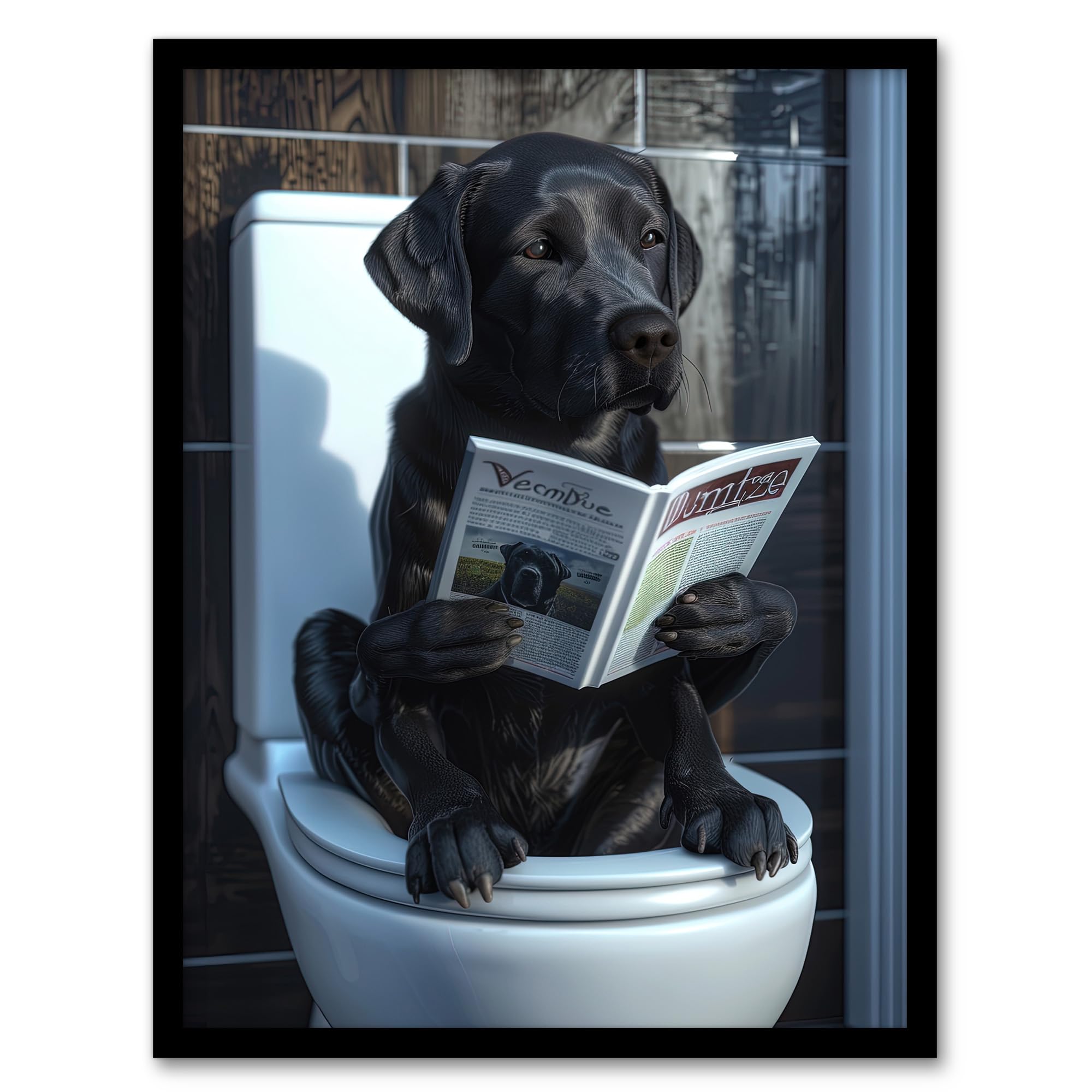 Artery8 Dog Lover Funny Black Labrador Reading on Toilet For Bathroom Artwork Framed Wall Art Print A4, Framed A4, 32.3L x 23.4W cm