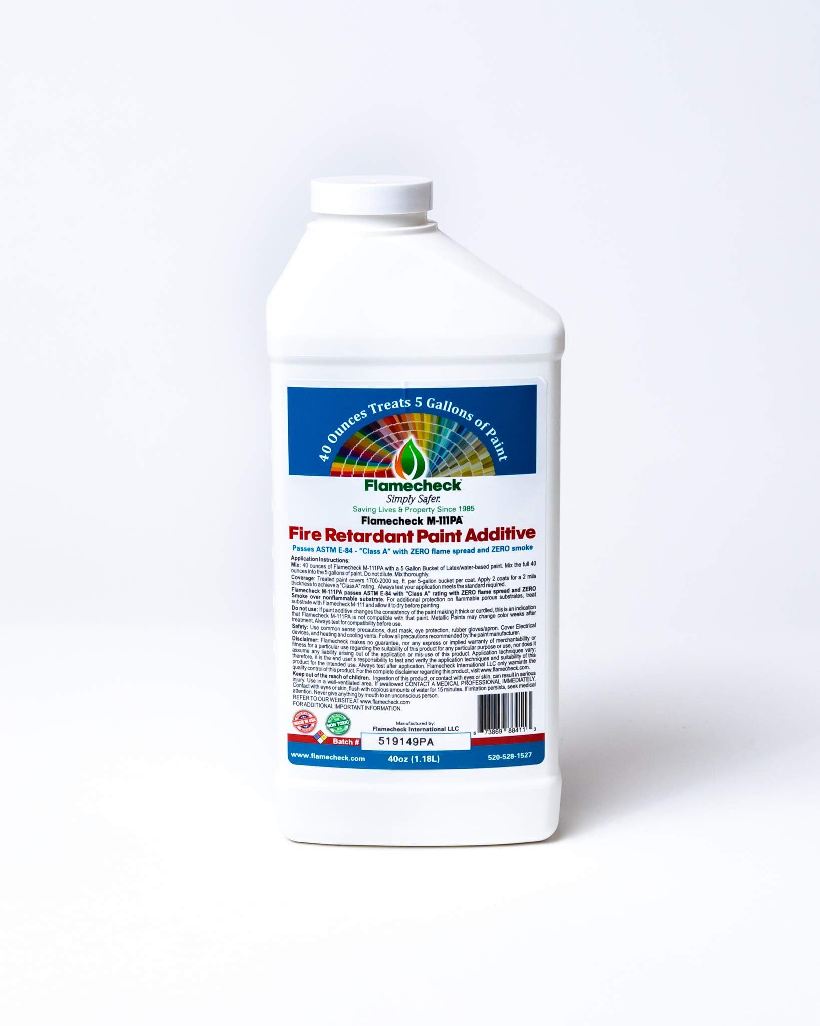 - Flamecheck M-111PA Fire Retardant Paint Additive (40 ounces) Mix 8 ounes to 1 US Gallon of Latex paint or primer.