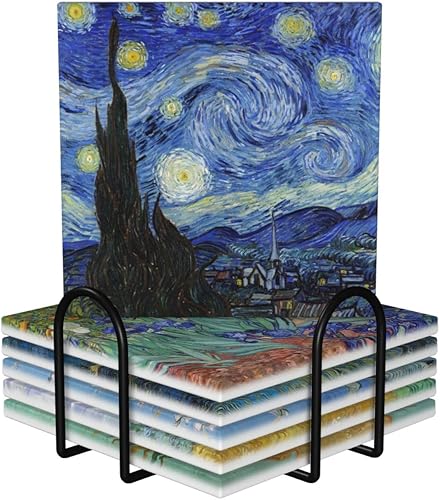 Juego de posavasos de cerámica para bebidas con base de corcho, utiliza 6 pinturas famosas de Van Gogh, regalos únicos de inauguración de la casa