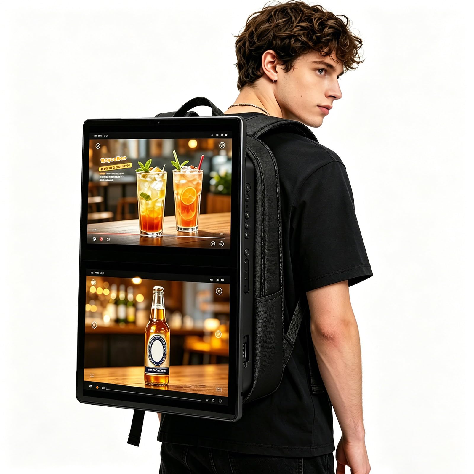 RoyceBee 21.5 Inch IP65 Waterproof Advertising Backpack, 1000nits High Brightness LCD Digital Signage Backpack, Human Walking Backpacks Digital Billboard with USB/App/CMS Input