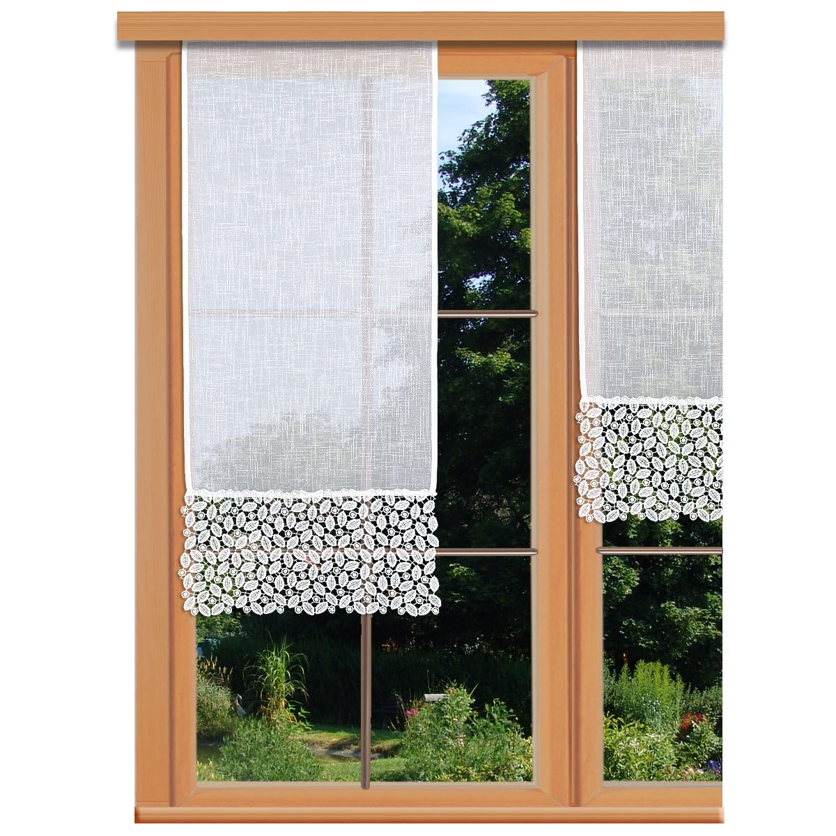 Flächenvorhang Carmelita mit Vogtländischer Spitze weiß | Landhaus-Flächengardine in Käseleinenoptik | Schiebepaneele mit moderner Stickerei handgefertigt | Schiebegardine Höhe x Breite 80 x 40 cm