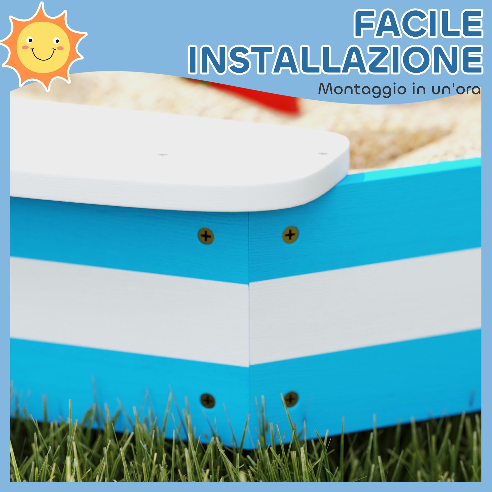 AIYAPLAY Sabbiera per Bambini con 4 Sedute Angolari, Sabbionaia in Legno con Fondo Aperto, Età 3-6 Anni, 133x133x16 cm, Blu e Bianco