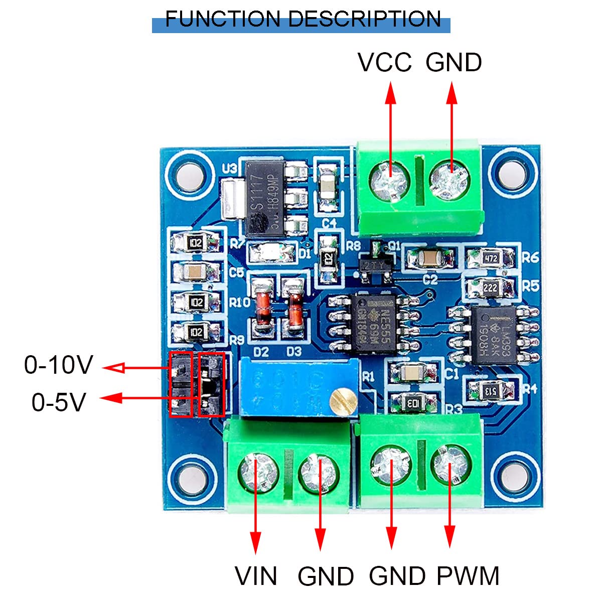 2 pezzi Tensione al modulo PWM Tensione convertita in 0% -100% PWM CC 0-10 V con cavo rosso e nero 26 awg per commutazione dell'interfaccia segnale da digitale ad analogico per PLC