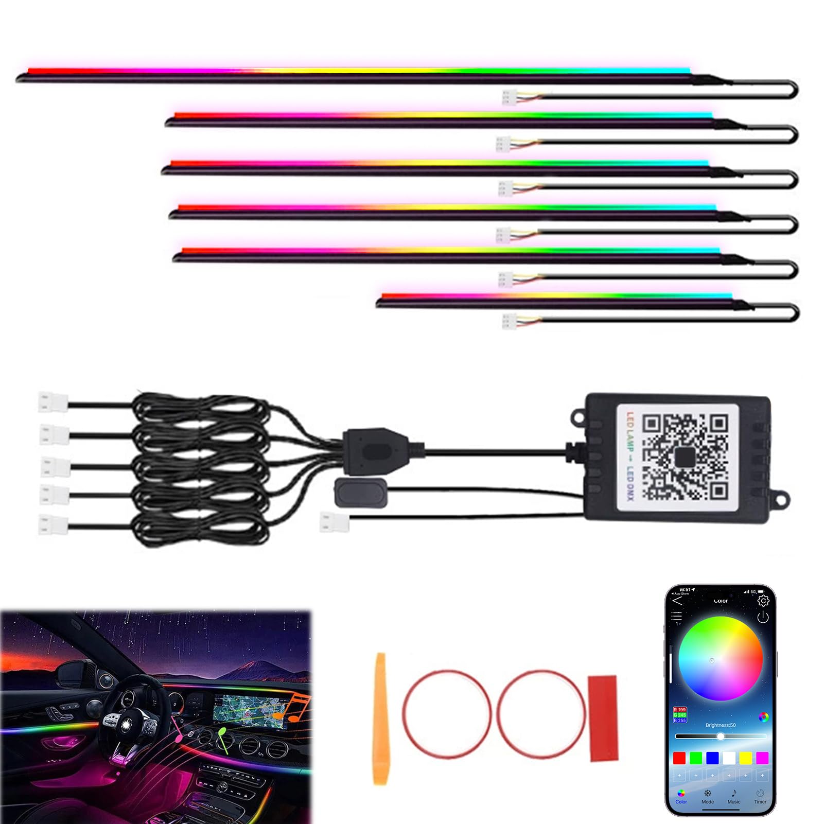 Illuminazione Interna a LED per Auto,6 in 1 RGB Illuminazione Interna per Auto, LED Illuminazione Ambientale,210 Modalità di lampeggiamento,Controllo Tramite APP,Atmosfera Decorativa Universale
