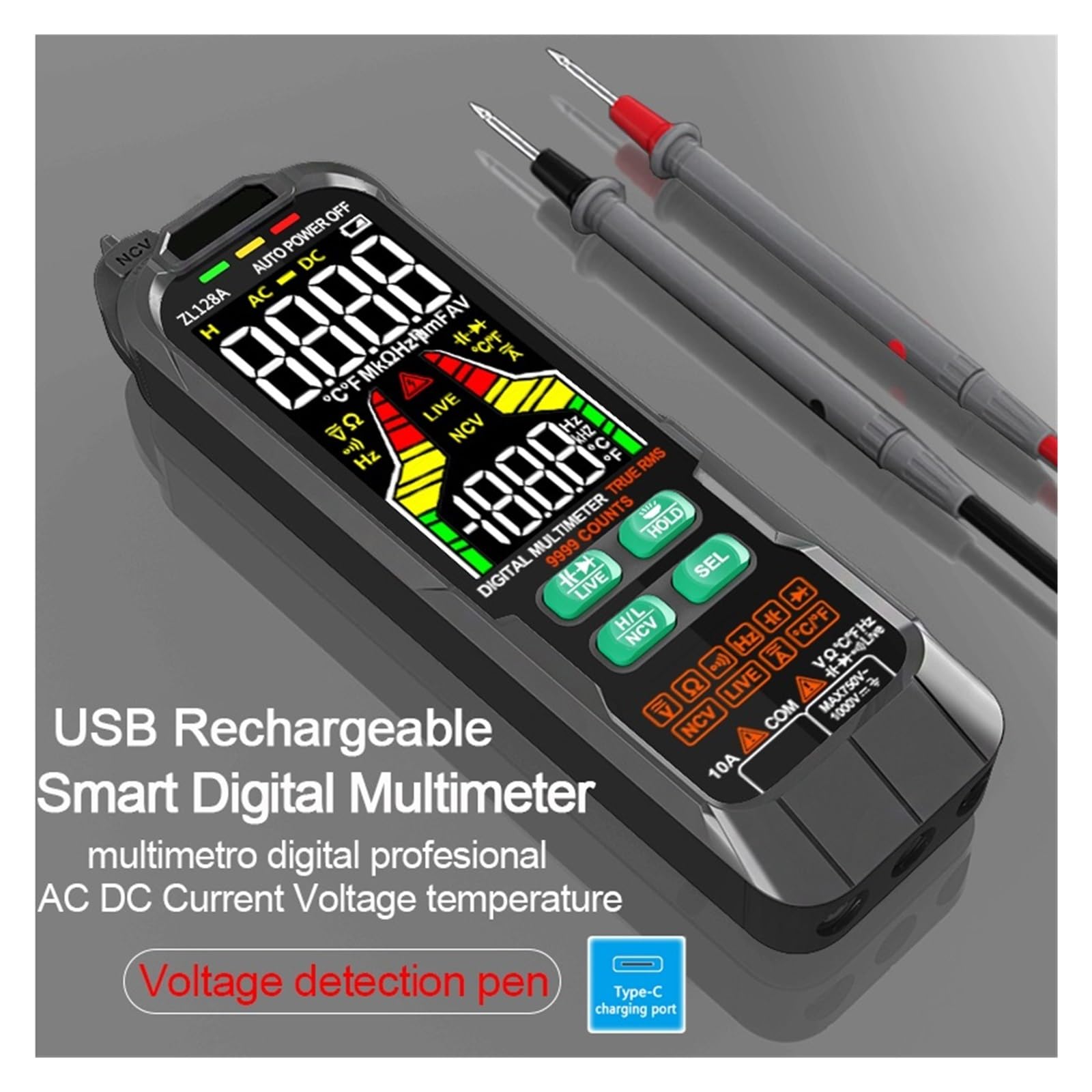 Multímetro De Carga USB Digital Profesional AC DC Detector Voltaje Corriente Pluma Valores Eficaces Verdaderos Capacitancia Temp Rango Automático Lectura Rápida Precisa Sencilla(T1)