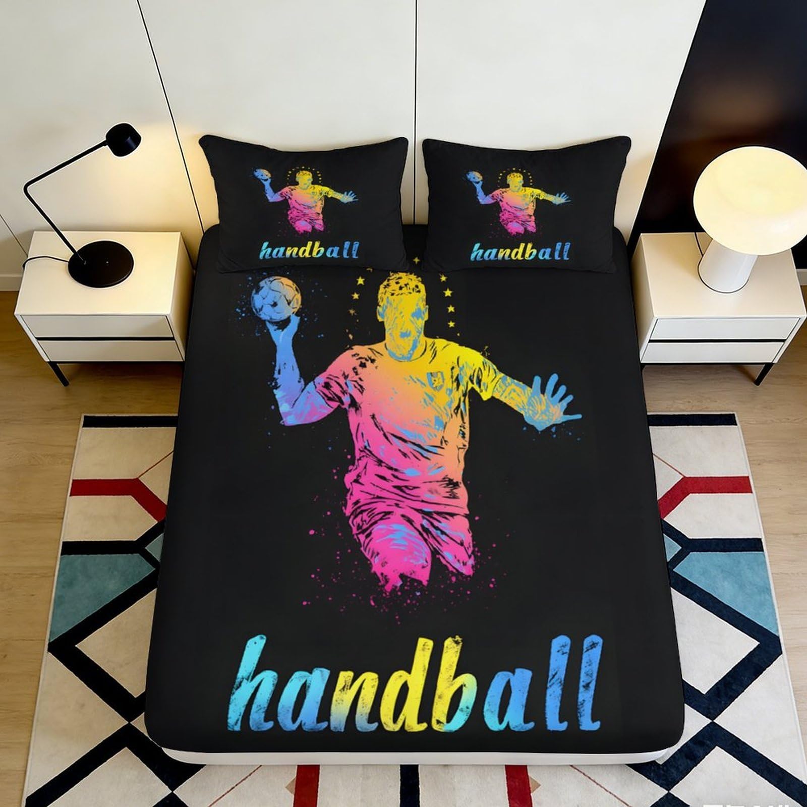 3D Printed Colorful Handball Fitted Sheet Microfiber Soft Breathable Sports Athlete Bed Cover for Bedroom Dorm Decor 90x200x25cm