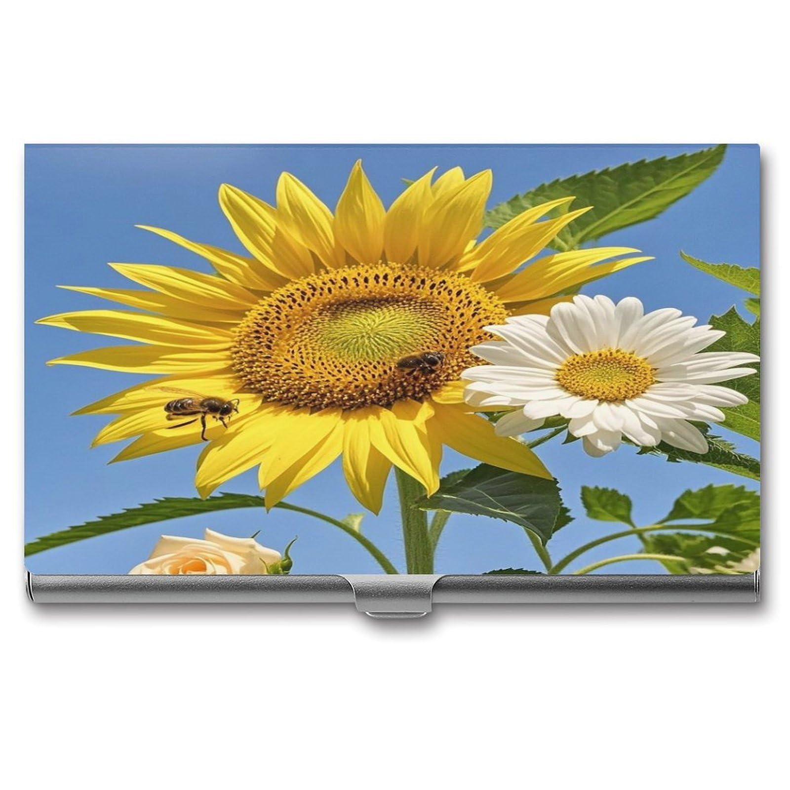 FekiLoot Bees Sunflowers Daisy Rose Flowers Business Card Holder for Men Women Metal Slim Organizer Business Card Carrier Wallet Name Cards Holder Retro Slim Pocket Purse Small Portable Card Case