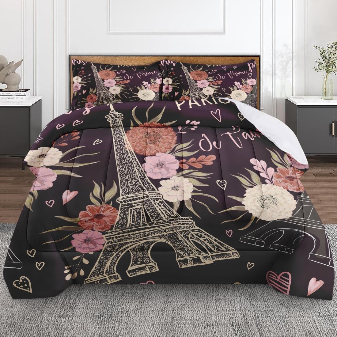 Paris Vintage Eiffel Tower Comforter Set Twin Size, Floral Retro Flower Soft Bedding Set with Pillowcases for Girls Teens Kids Boys Adults Bedroom Bed Decor,1 Quilt 1 Pillow Case Paris 2 Twin