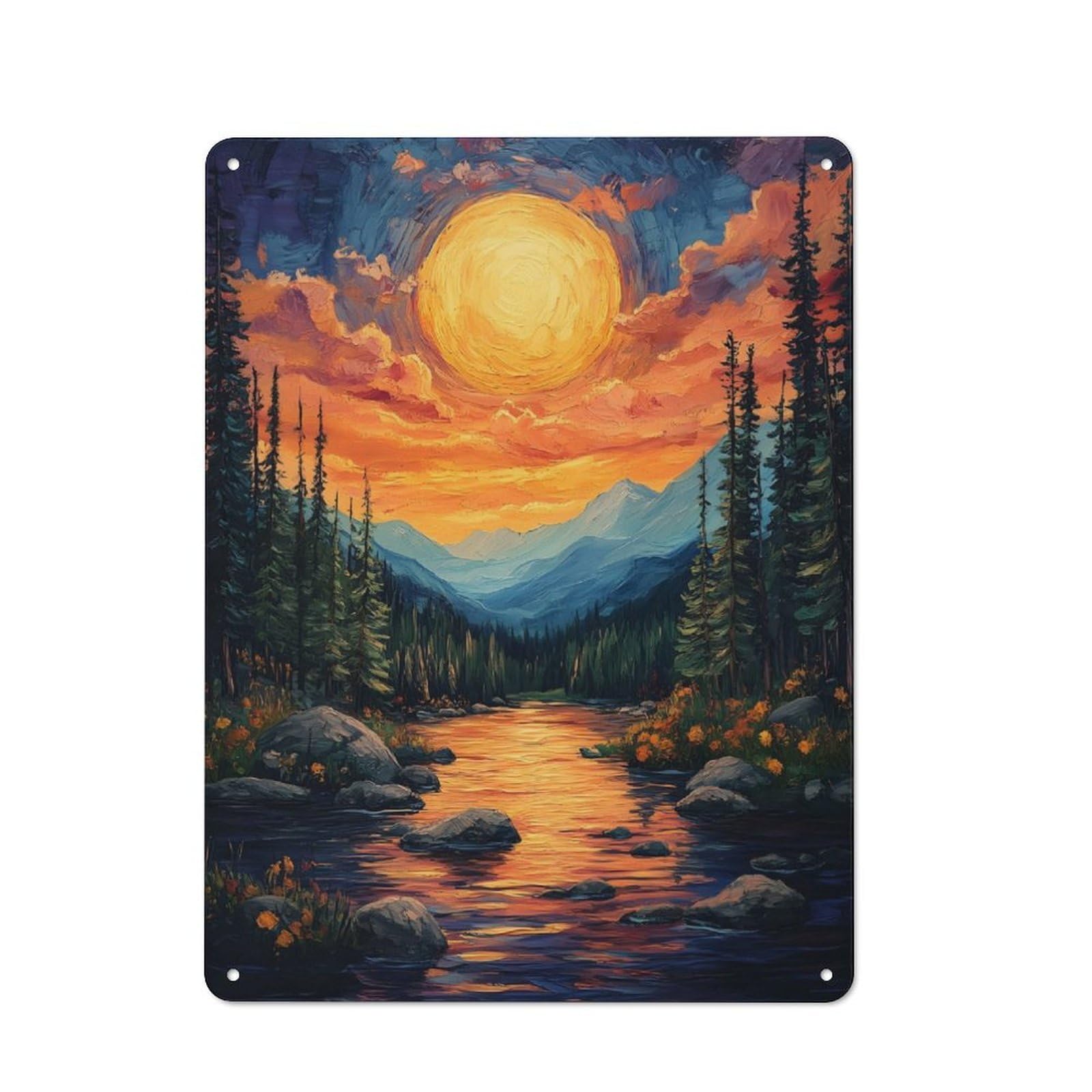 Junmoney Sunset Mountain River Retro Retro Metal Sign 40X30cm Featuring Garage Wall Decor For Garage, Hobby Room, Office Or Man Cave