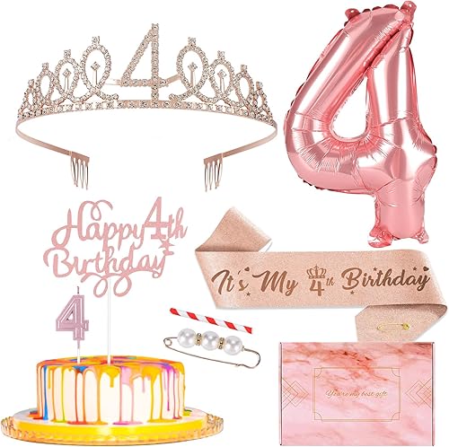 Decoraciones de 4 cumpleaños para niñas, incluyendo banda de cumpleaños de 4, tiara de corona de diamantes de imitación de oro rosa, decoración de