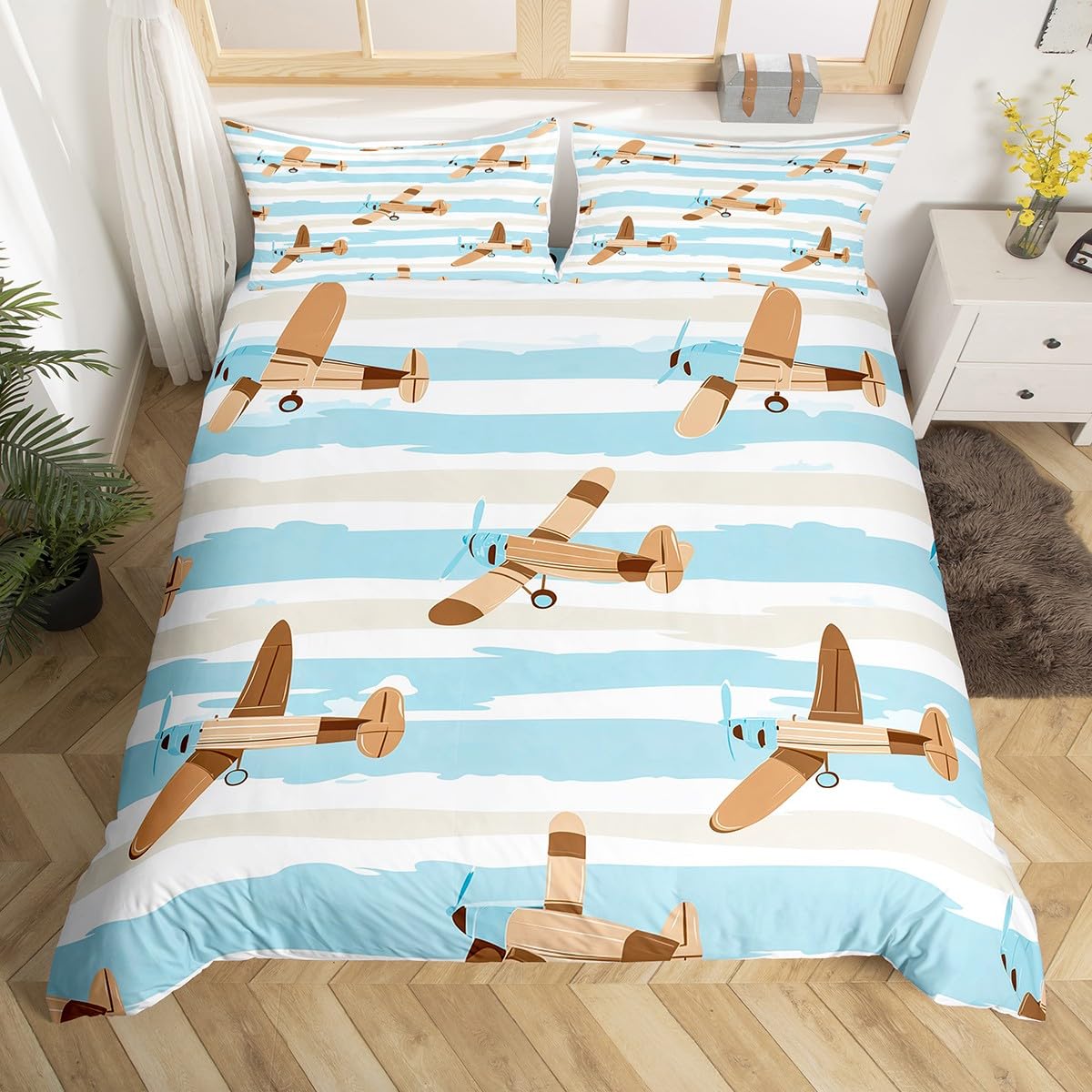 Homewish Retro Samolot King Zestawy Poszwa Na Kołdrę Kreskówka Latający Samolot Pościel Nowoczesna Kremowa Niebieskie Paski Kołdra Poszewka Śliczne Samoloty Zestaw Łóżek