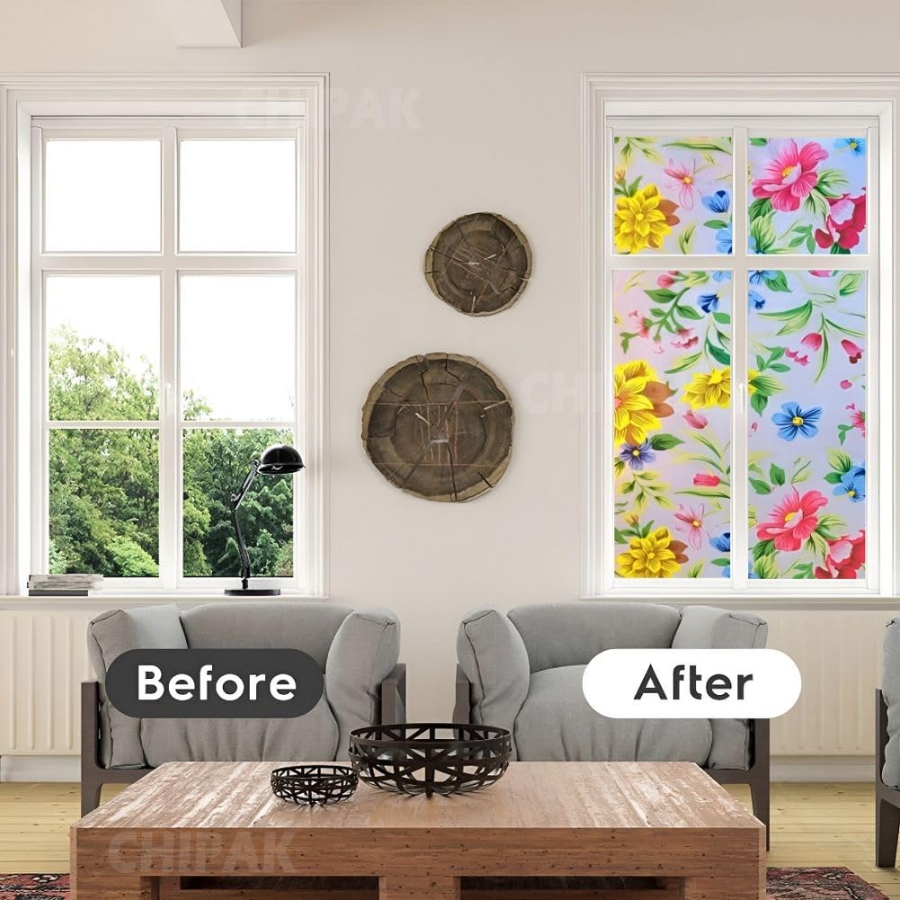 CHIPAK Premium Vinyl Privacy Stained Window Glass Film (16x36 Inch) - Self-Adhesive Decorative Sticker Opaque Sheet Tint Wallpaper for Glass Cover Window, Door, Office, Home.| Anti-UV. Peppy Flowers — Amazon image 4