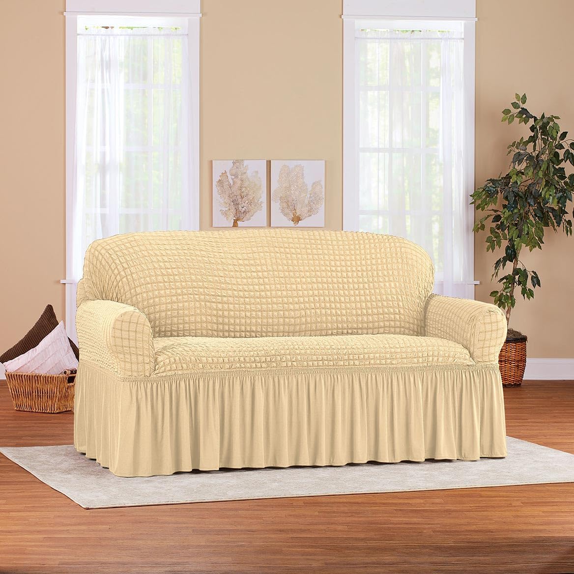 SK.Royal Textured Ruffled Loveseat Slipcover – Beige Stretch Cover Fits 70" W