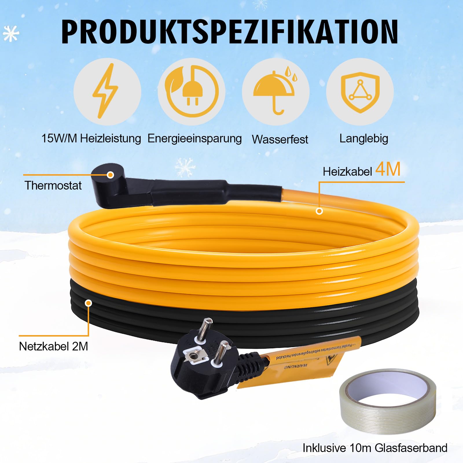 Câble chauffant antigel avec thermostat 4 m, chauffage de suivi étanche, câble chauffant pour conduite d'eau, plantes, gouttières, palmiers 15 W/m 230 V