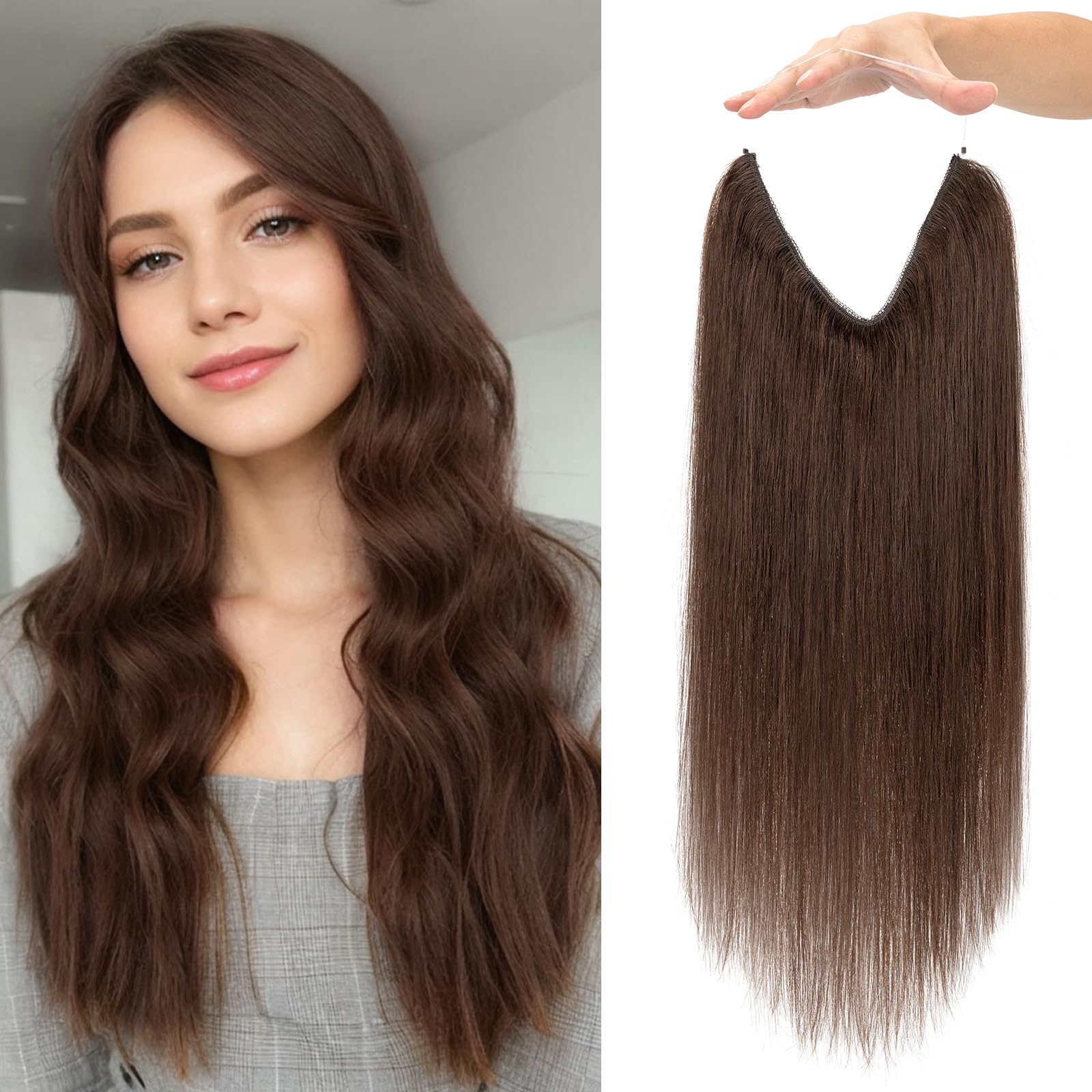 MY-LADY Extension Capelli Veri Filo Invisibile, 40cm Wire Hair Extensions in Capelli Umani Lisci per Donna con Corda Regolabile e 2 Clip #02 Marrone Scuro 65g