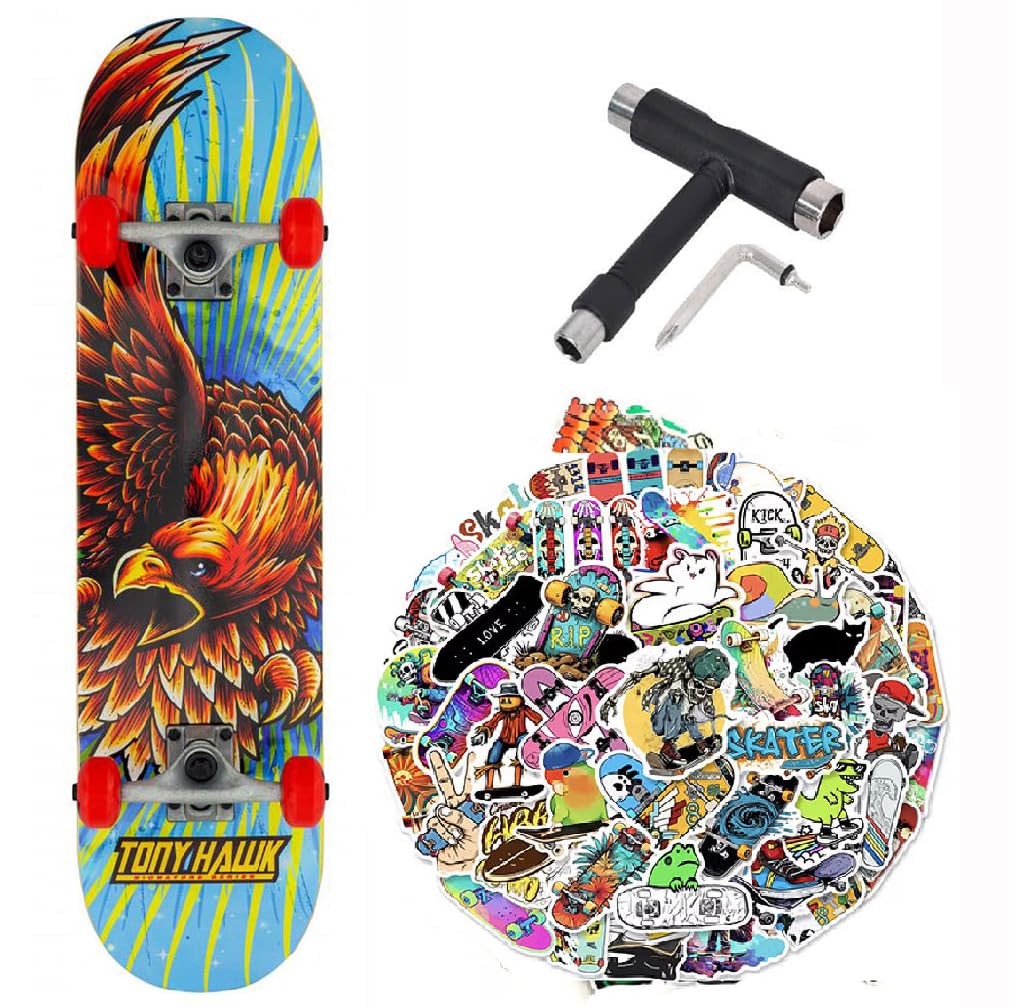 Skateboard complet Tony Hawk professionnel série débutant 7,75" + 1 outil polyvalent + 50 autocollants brillants