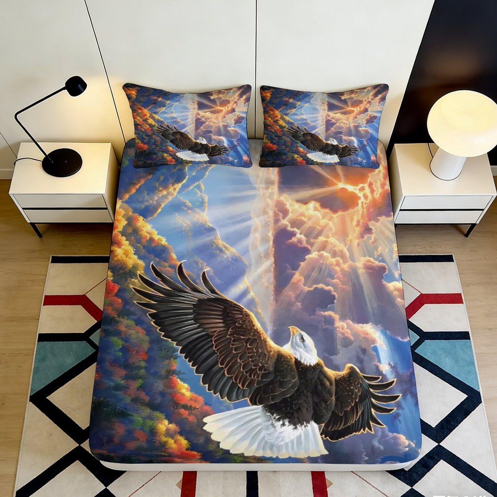 3D Printed Eagle Sky Fitted Sheet Microfiber Soft Anti-Slip Mattress Cover for Bedroom Guest Room Artistic Decor 90x200x25cm