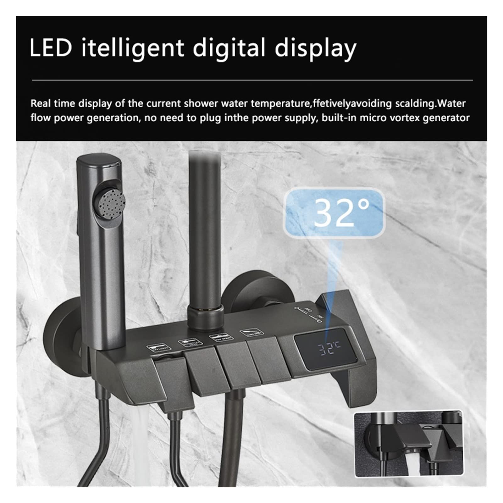 Set Doccia Digitale for Pianoforte Grigio Rubinetti Doccia for Bagno in Ottone Intelligente Rubinetto a Cascata Calda e Fredda Doccia Grigio a Pioggia(Noir)