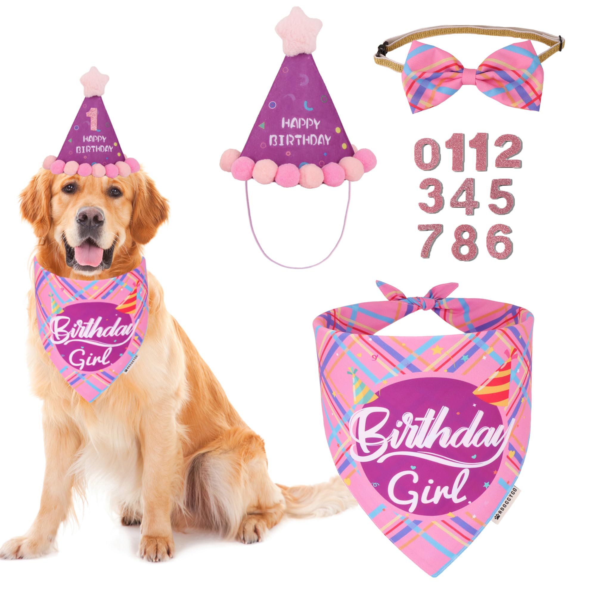 ADOGGYGO Dog Birthday Party Supplies, Pink Birthday Girl Pet Bandana Hat Bowtie Set for Large and Extra Large Dogs (X-Large)
