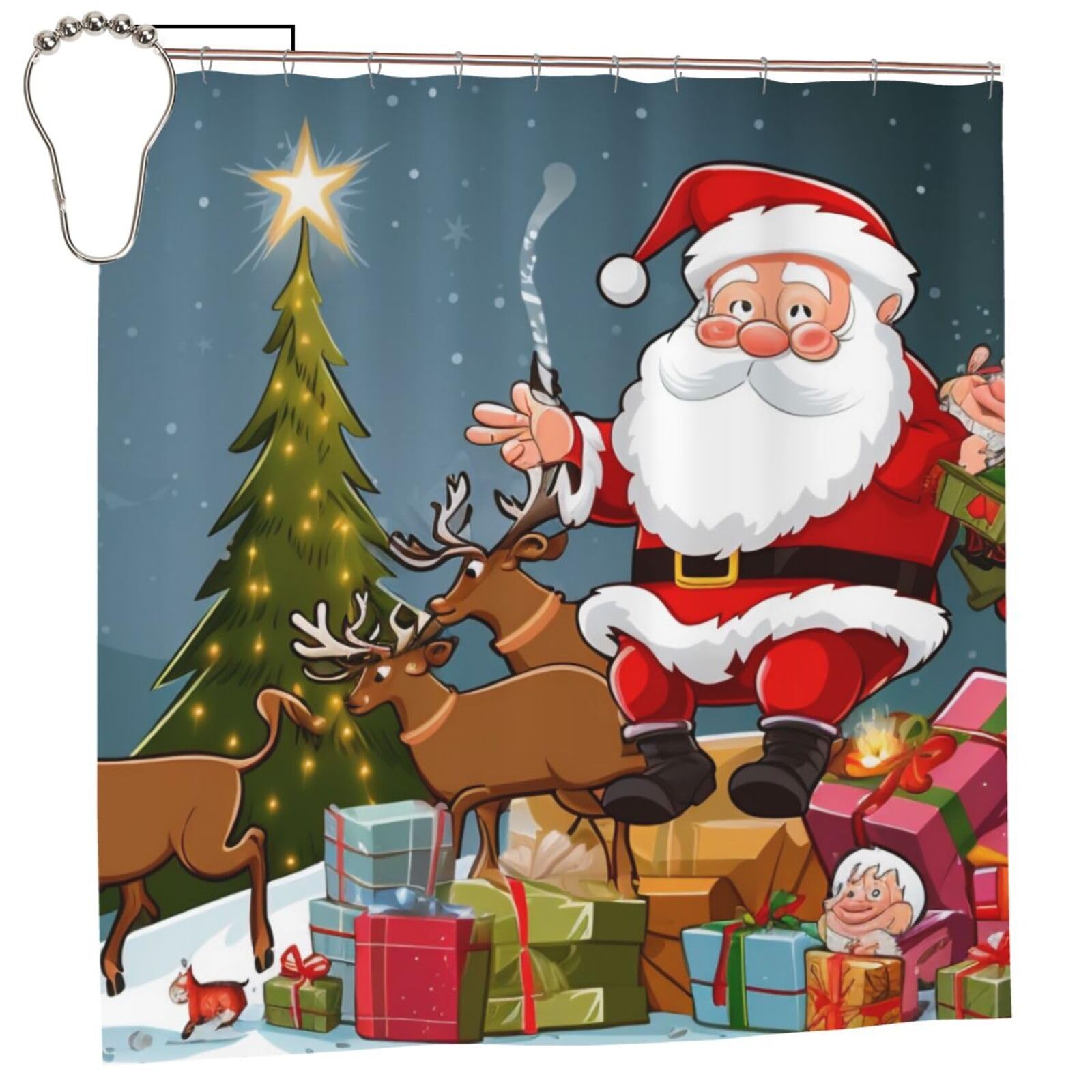 BWWHCCTI Merry Christmas print Printed Shower Curtain With 12 Iron Hooks Opaque Quick Drying Waterproof Shower Curtains Sets For Bathroom 183x183 CM
