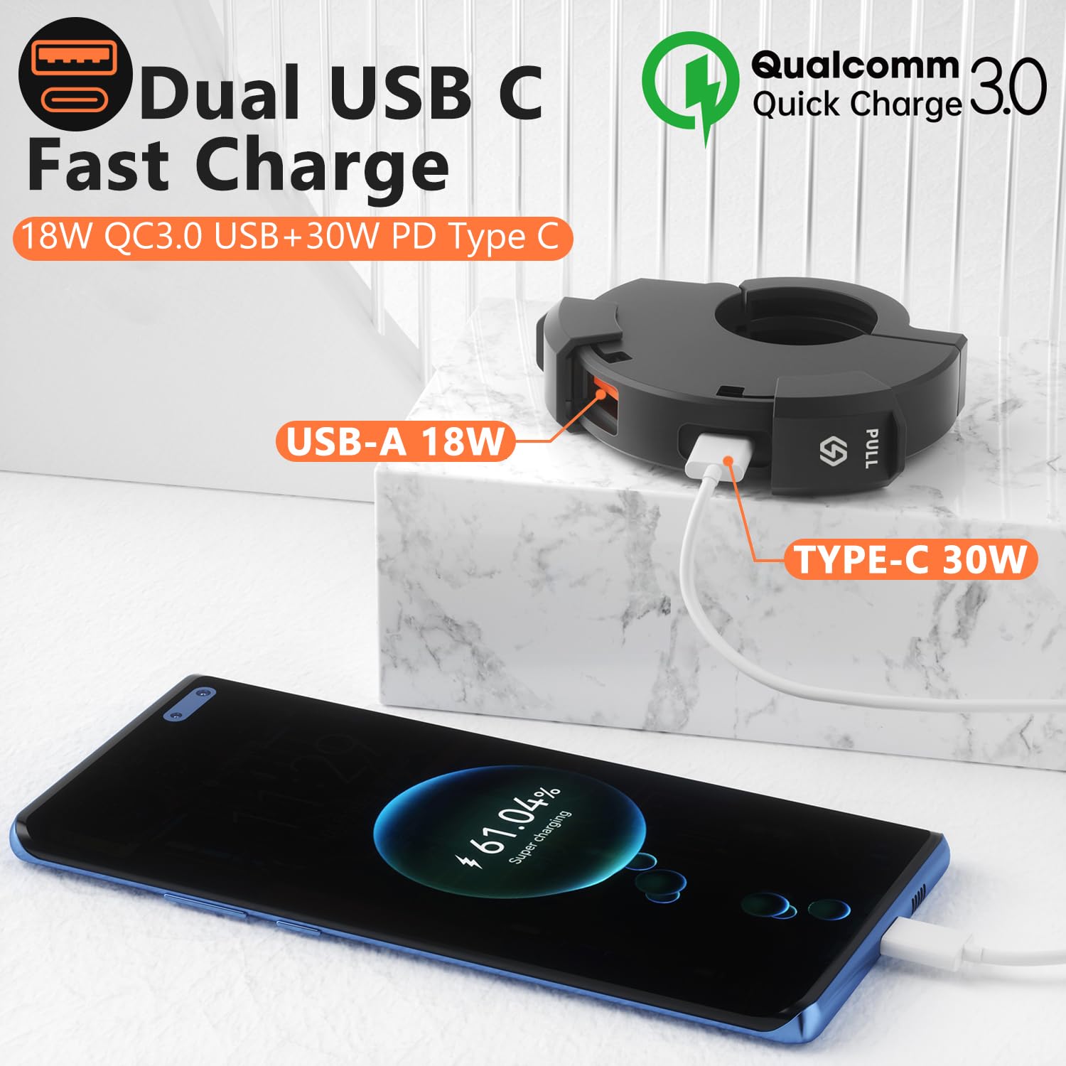 Presa USB Impermeabile per Moto 48W, Presa USB C 12V Moto Impermeabile, Caricatore per Motocycle QC3.0+Type-C, +Cavo di Ricarica 5A Type-C (1 M) per DC 12V Biciclette da Spiaggia