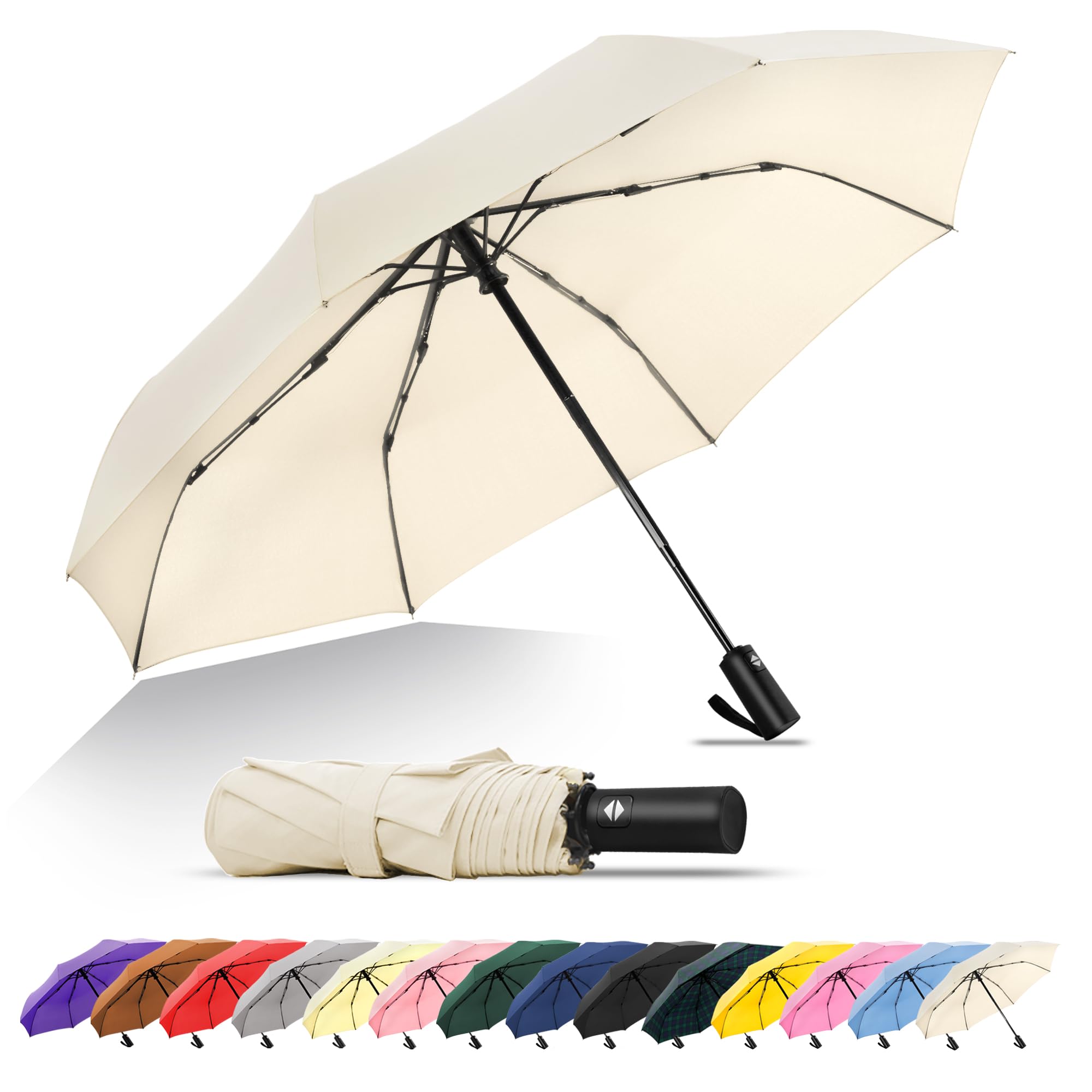 SoulRain Travel Umbrella - Windproof and Compact Umbrella for Rain - Perfect Large Auto Folding Umbrella - Ideal Car umbrella, Golf umbrella, and Travel Companion (Cream)