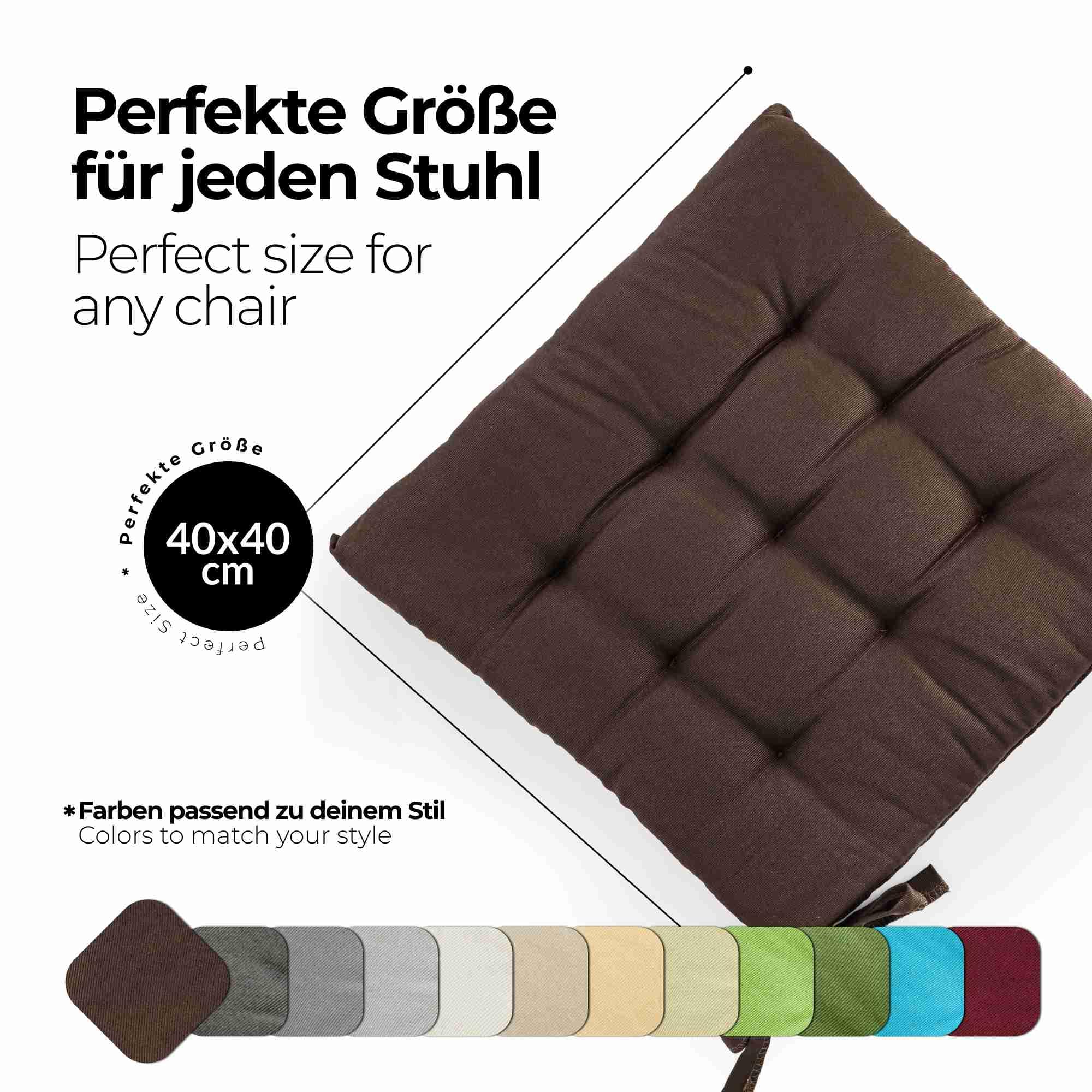 etérea 8er Set Sitzkissen Outdoor 40x40 mit Bändern - Stuhlkissen Braun für Gartenstuhl & Innenbereich - waschbare Sitzauflagen Gartenmöbel - 8 Stück Kissen 40x40 cm - Braun