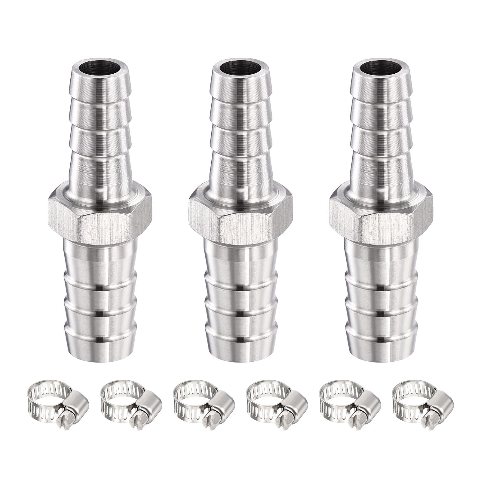 METALLIXITY 3pcs 304 Stainless Steel Hose Barb to Adapter 1"(25.5mm) Barb x 3/4"(20mm) with 6pcs Hose Clamp for Automotive, Motorcycle, Marine, Truck, RV Fuel Systems
