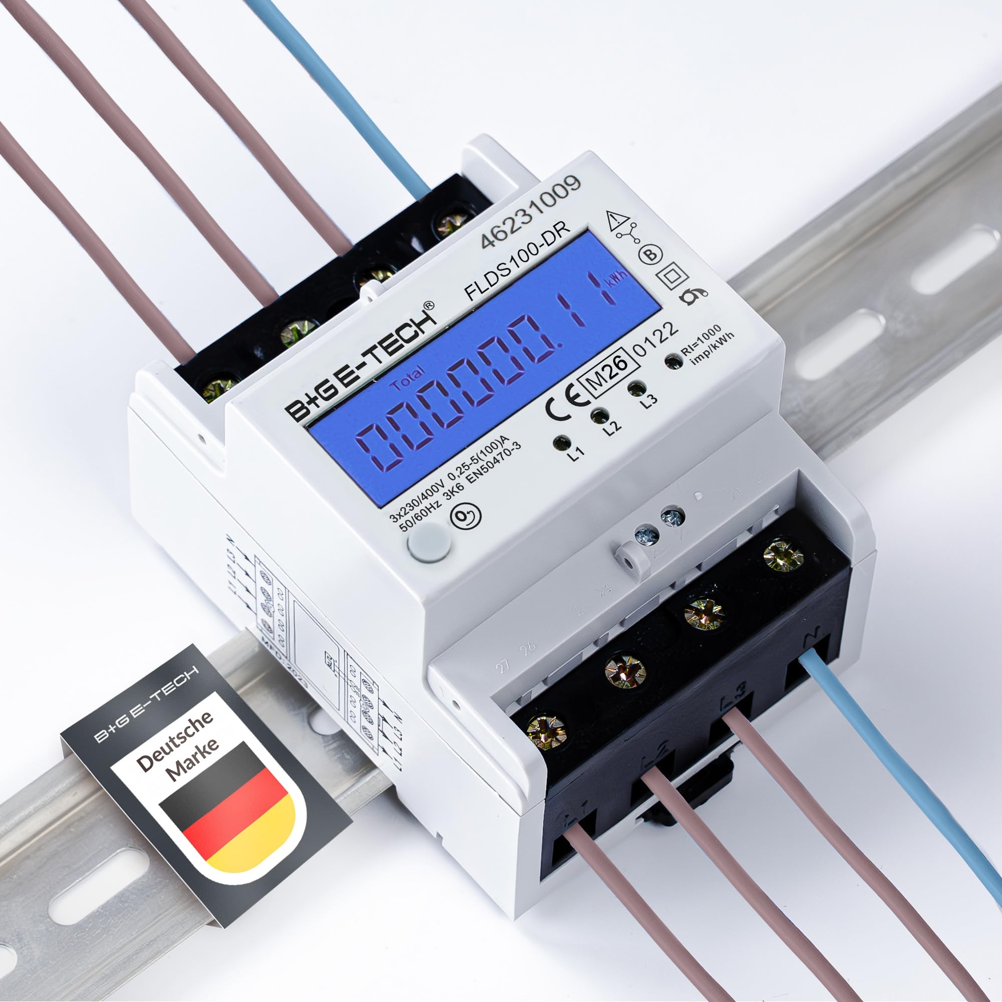 Contatore elettrico [FLDS100-DR] per rotaia con contatore giornaliero (resettabile) e indicatore di carica, contatore di corrente trifase 100 A, 3,9TE, S0, con illuminazione digitale LCD (blu - M26)