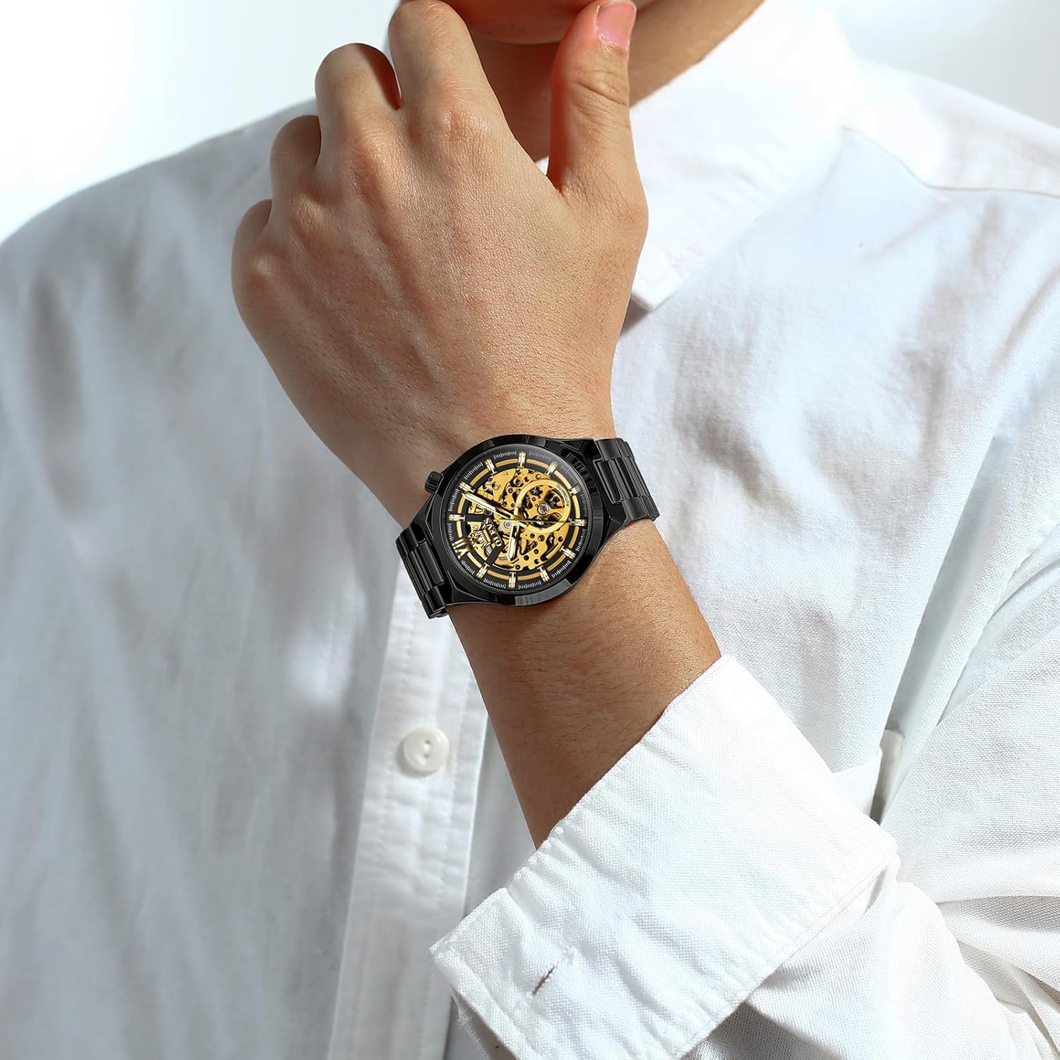 OLEVS Mens Skeleton Watches Automatic Self Winding Mechanical Designer Luxury Dress Stainless Steel Waterproof Original Wrist Watches for Men - Image 3