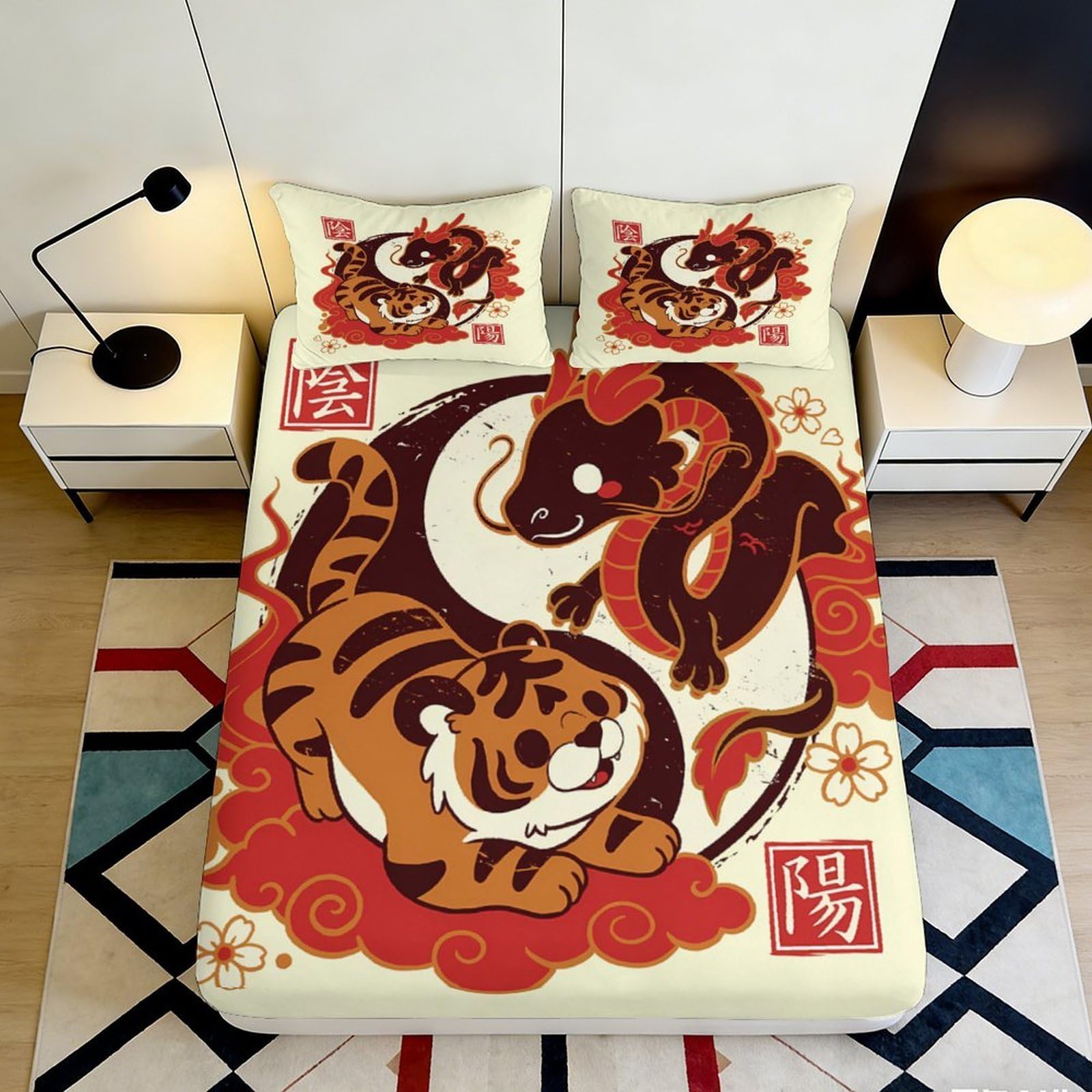 3D Printed Tiger Dragon Fitted Sheet Microfiber Anti-Slip Yin Yang Bed Cover for Bedroom Dorm Easy Care Decor 116 180x200x25cm