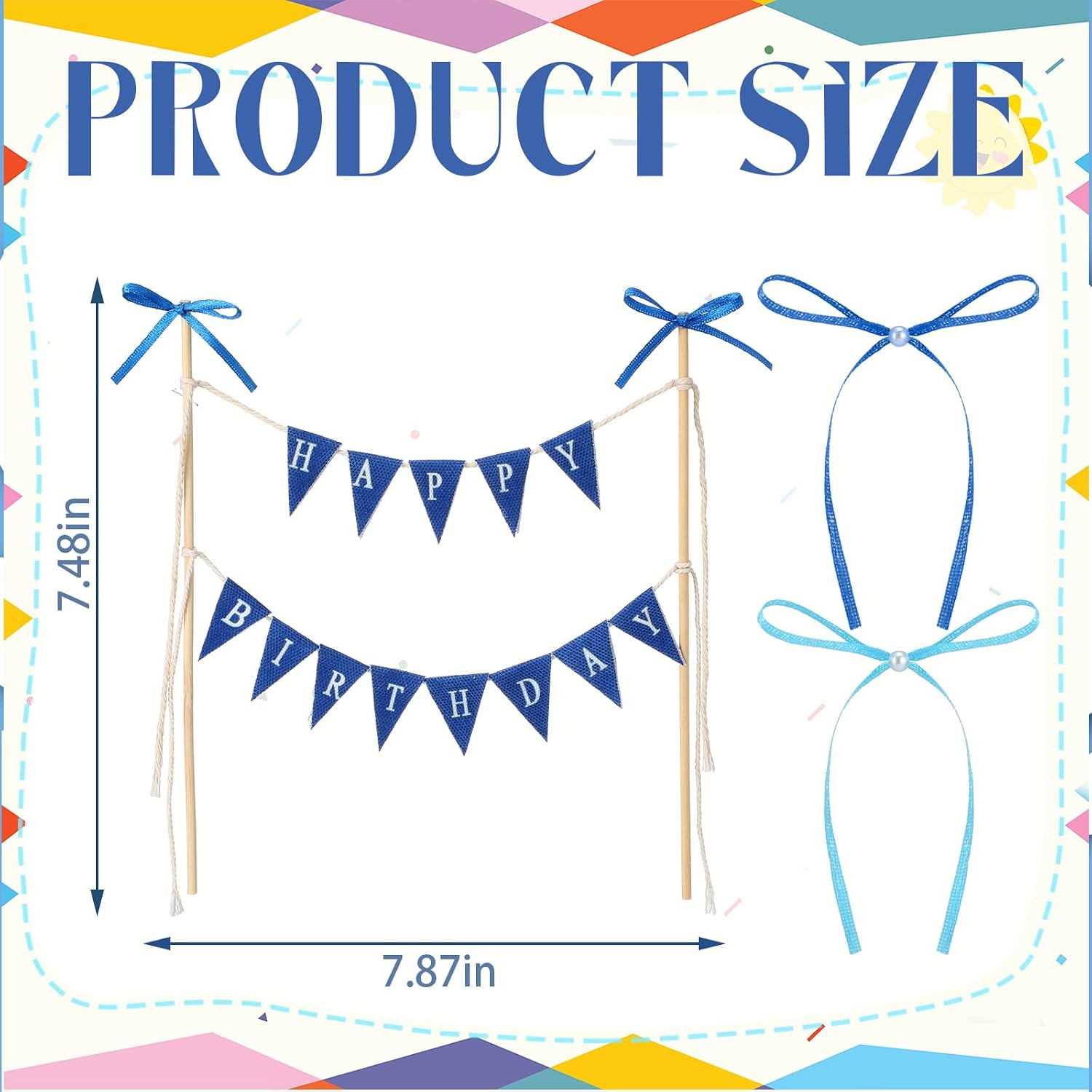 Honeydak Blue 11 Pcs Bow Ribbon Cake Topper Happy Birthday Cake Bunting Topper with Wood Pole Handmade Pennant Flags with Bows Ribbon for Birthday, Bridal Party Decoration