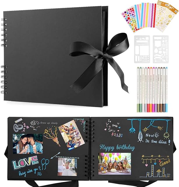 DazSpirit Customizable Scrapbook Photo Album with 12 Metallic Marker Pens, 80 Pages of Black Cardboard with Sturdy Hard Cover and Rust-Free Binding, Special Customizable Gift for Your Loved Ones